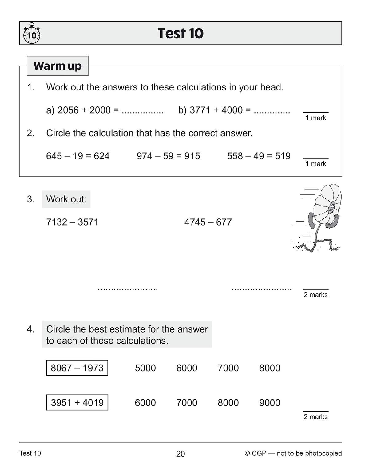 Four quick maths questions on addition and subtraction, including mental sums