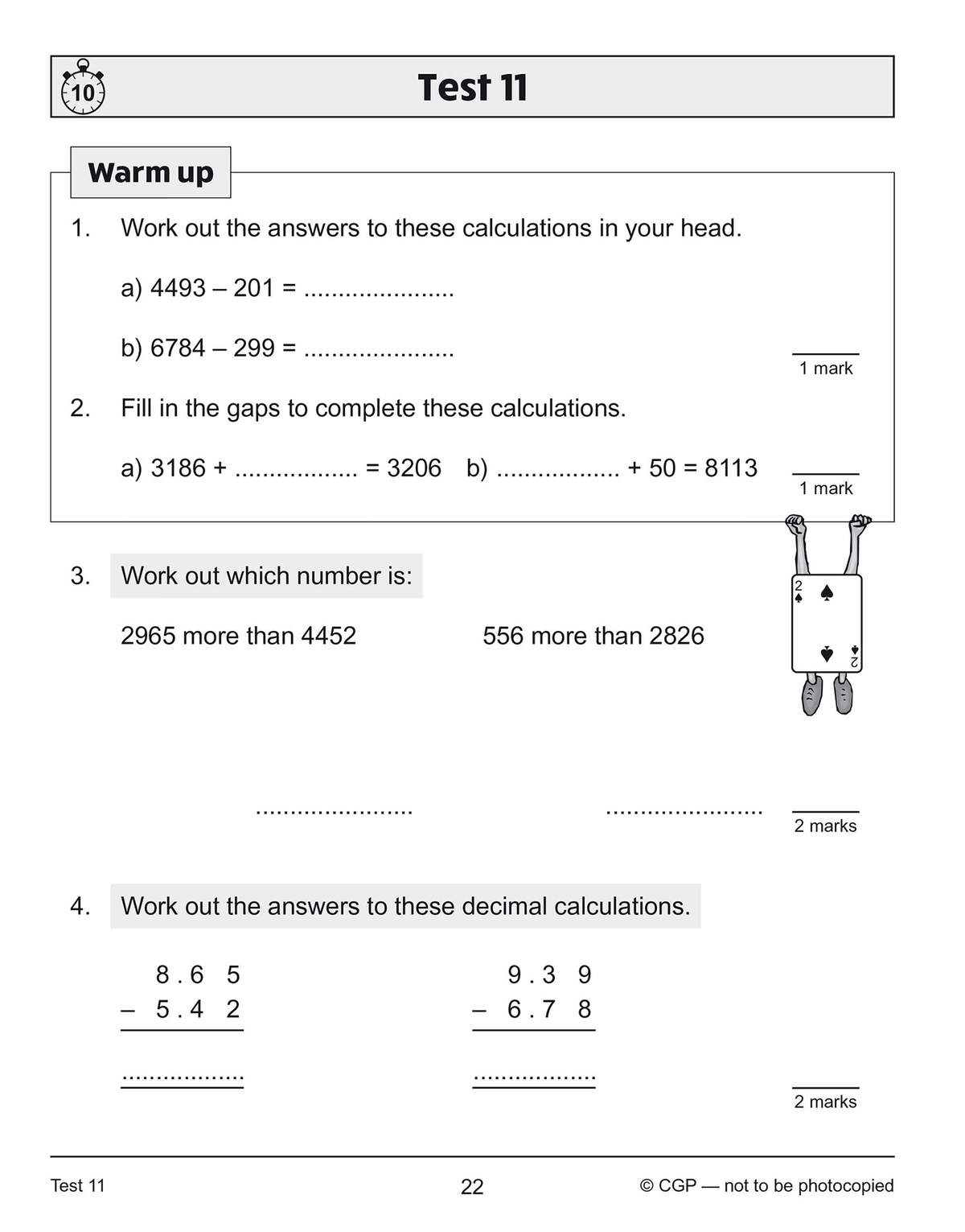 A timed test page with four calculation questions, including mental maths, missing numbers, and decimal subtraction
