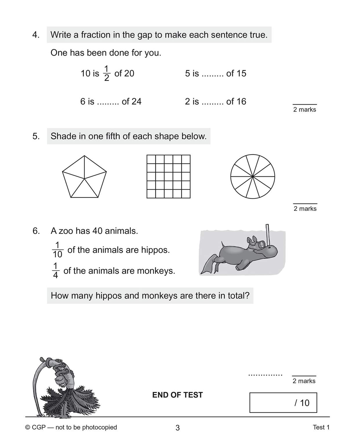 Three fraction questions requiring children to write fractions, shade shapes, and calculate totals from a word problem