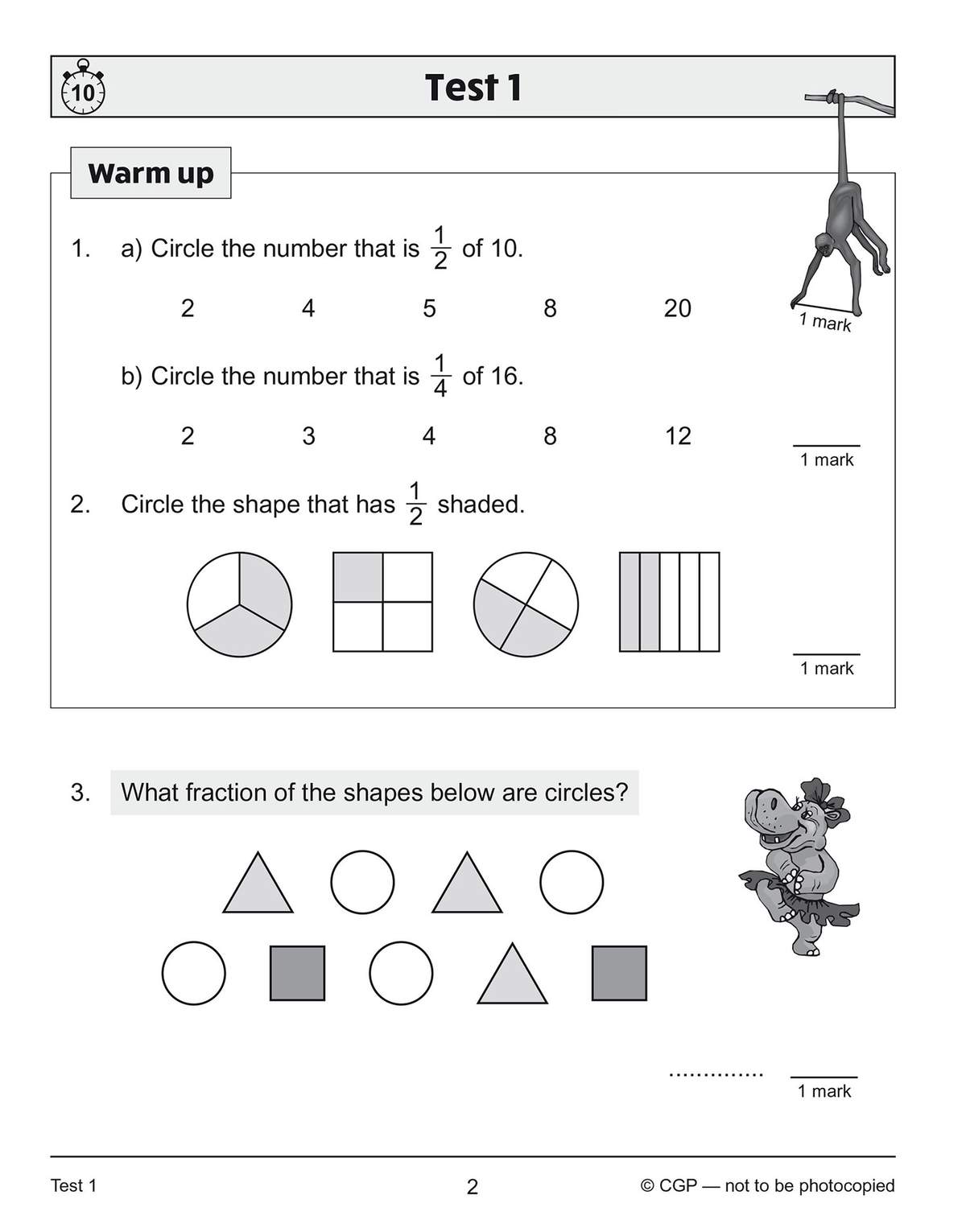Children circle numbers that are fractions of 10 and 16, identify shapes with half shaded