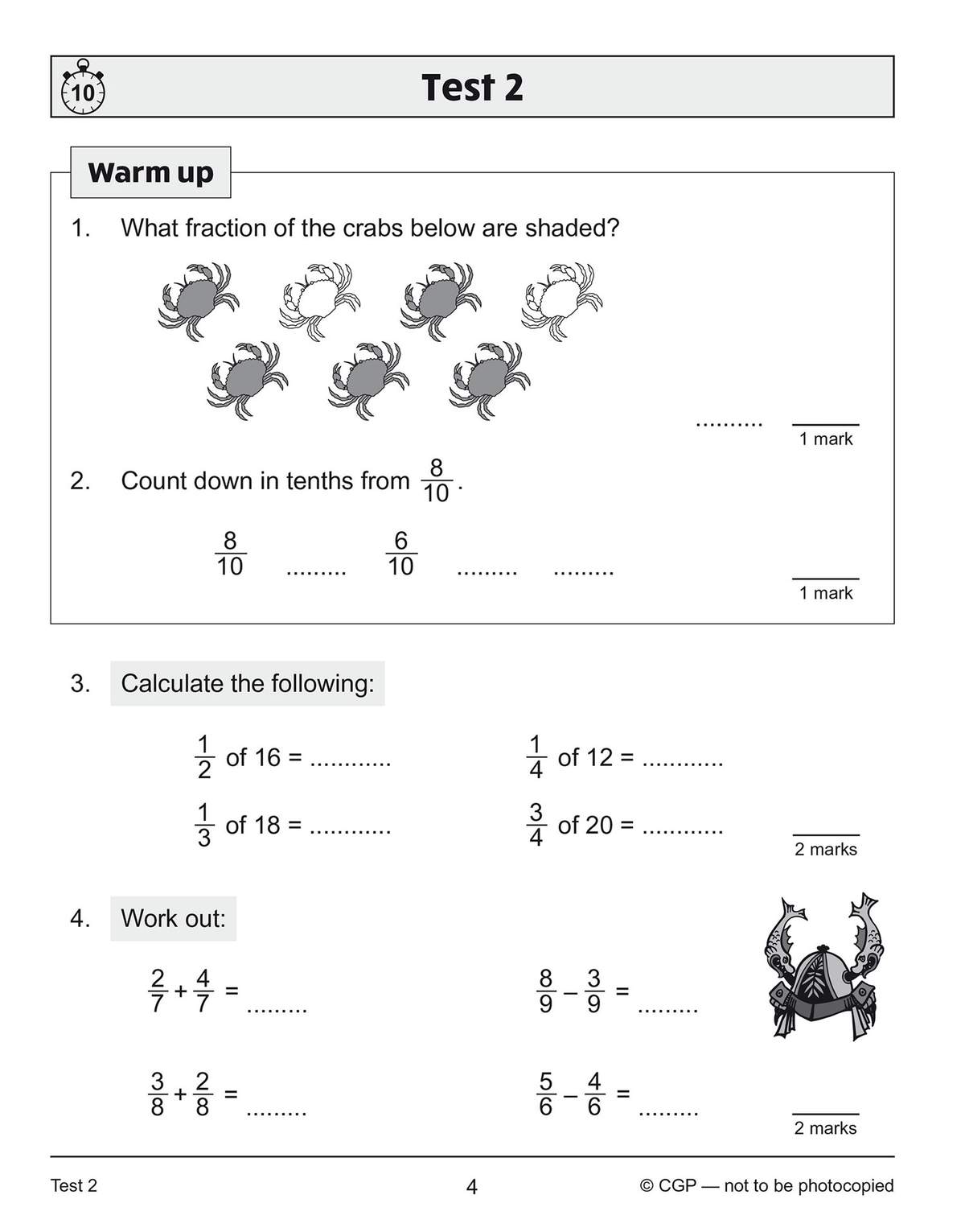 A timed test with four questions on fractions, including shading pictures and calculating sums