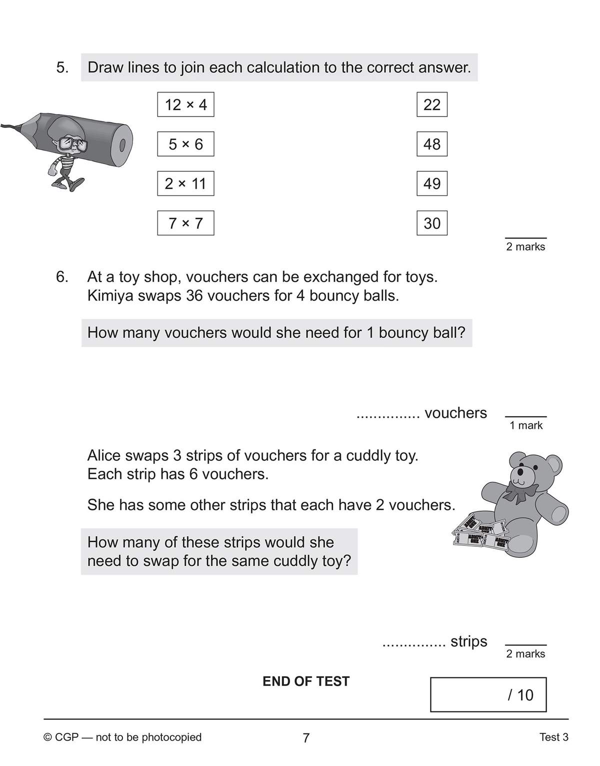 Children match multiplication calculations to answers and solve two word problems about vouchers and strips