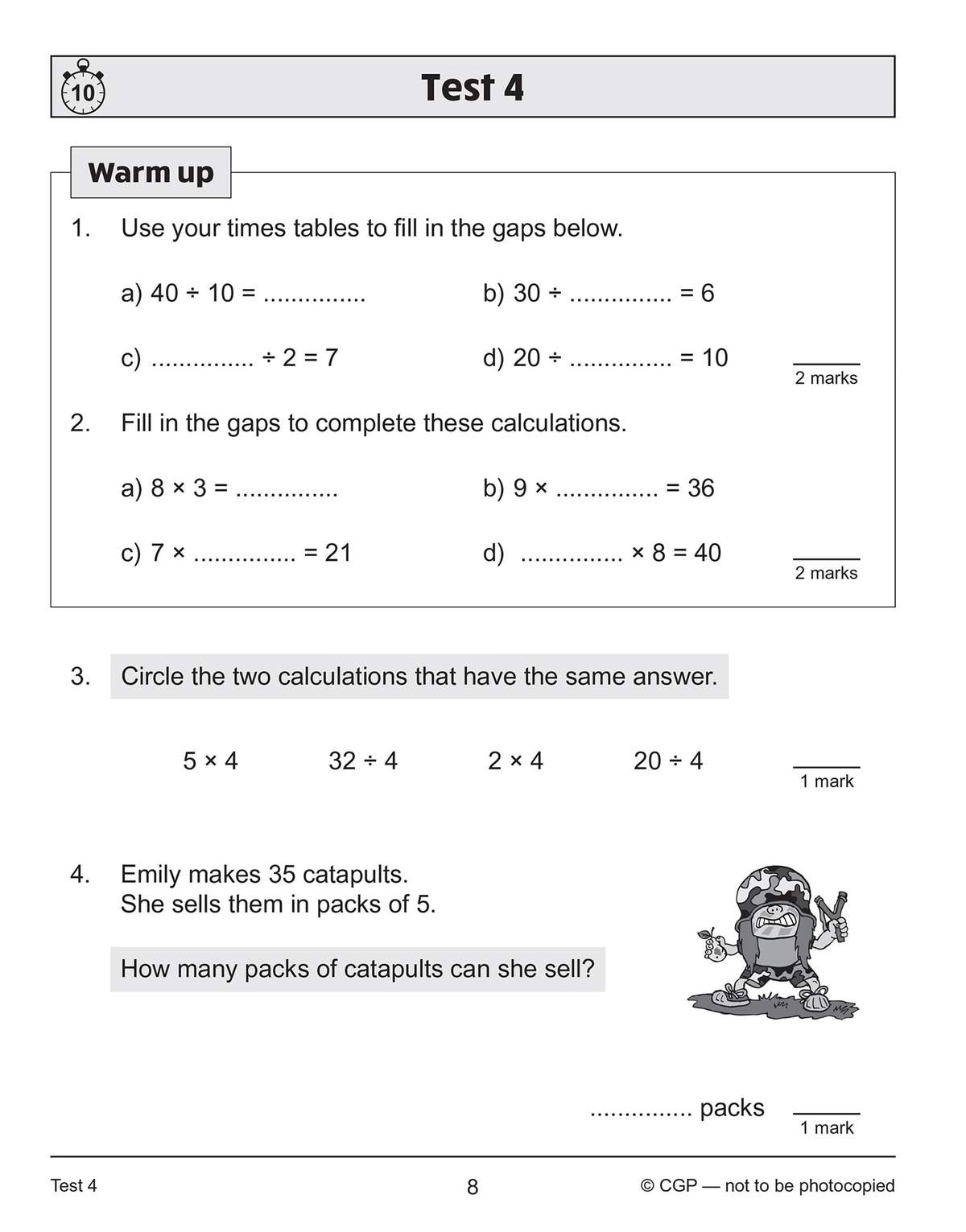 Four quick maths questions on division, multiplication and a word problem about catapults