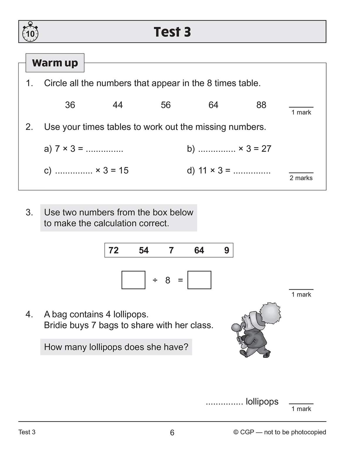 Four short questions on times tables, division and a word problem to test multiplication and division skills
