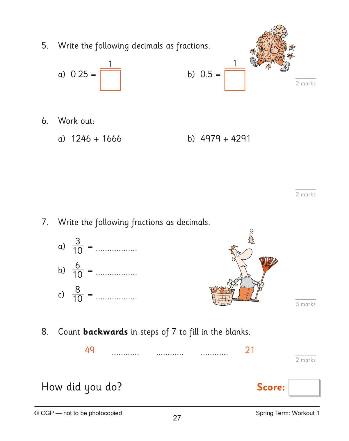 Four short questions on converting decimals to fractions and back, plus two addition sums and a counting sequence