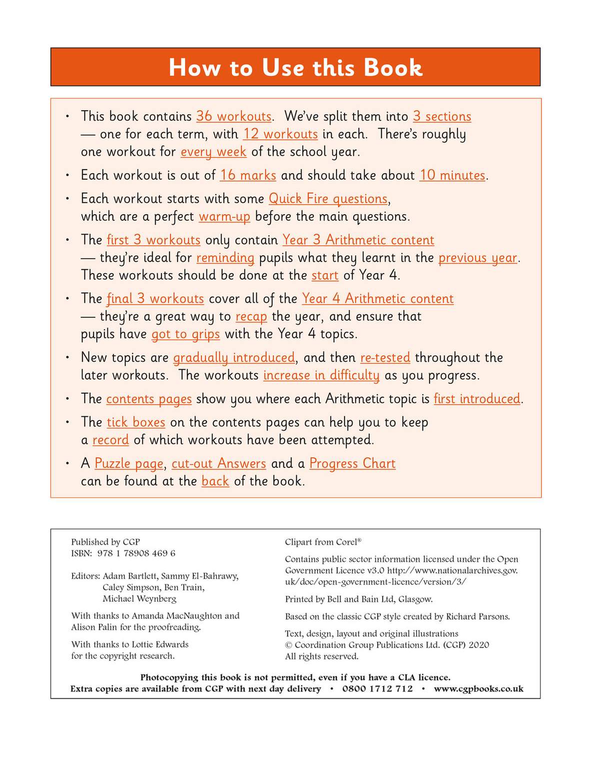Instructions explain how to use the 36 weekly arithmetic workouts, including timing, marking and how to track progress