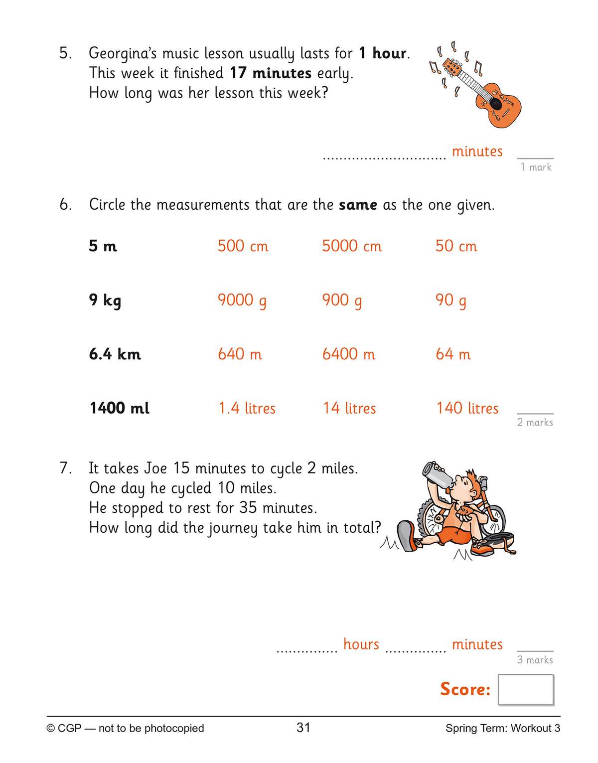 Three maths questions on time and measurement conversions, including a word problem and a circling task