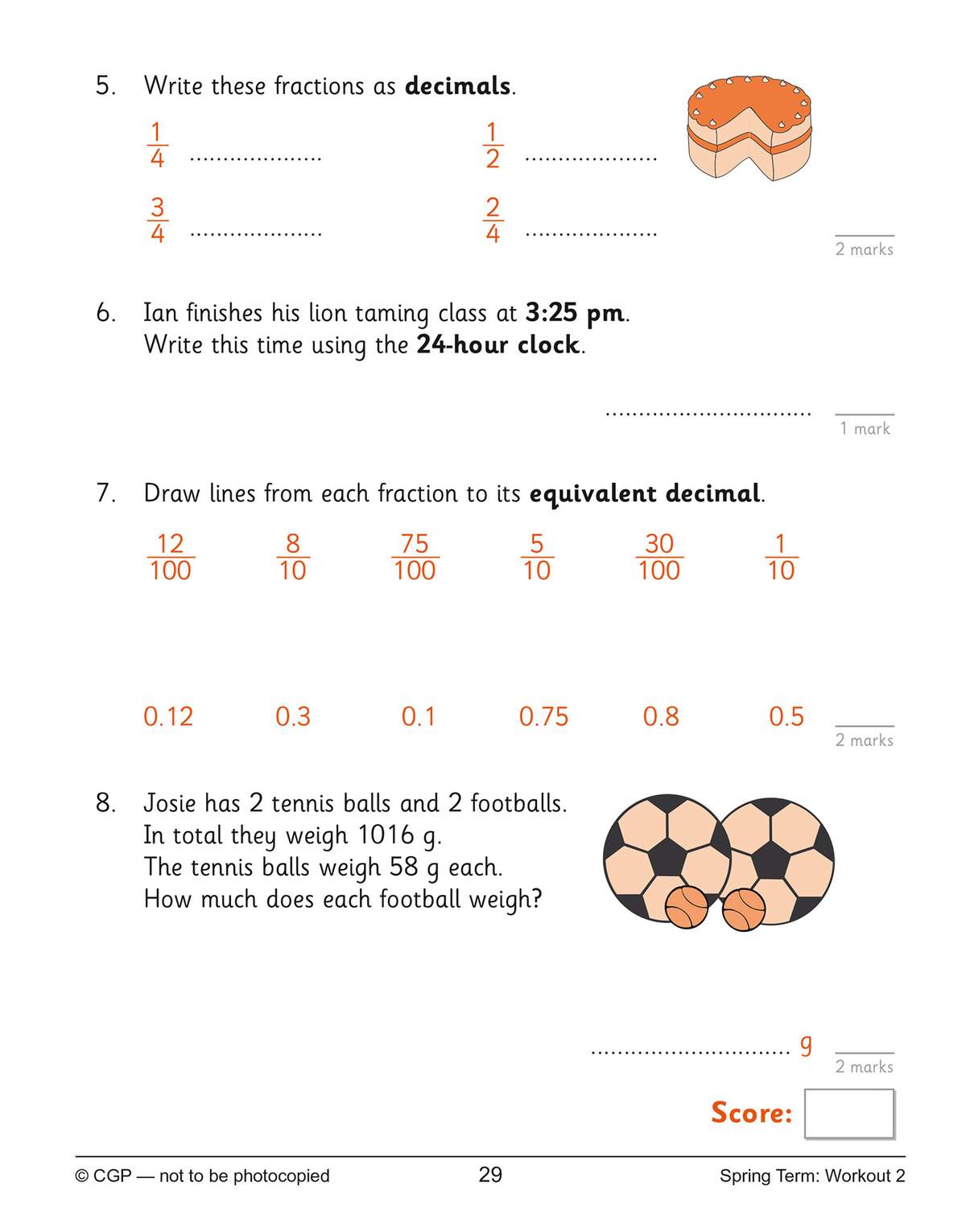 Four questions on converting fractions to decimals, including a word problem about weighing balls