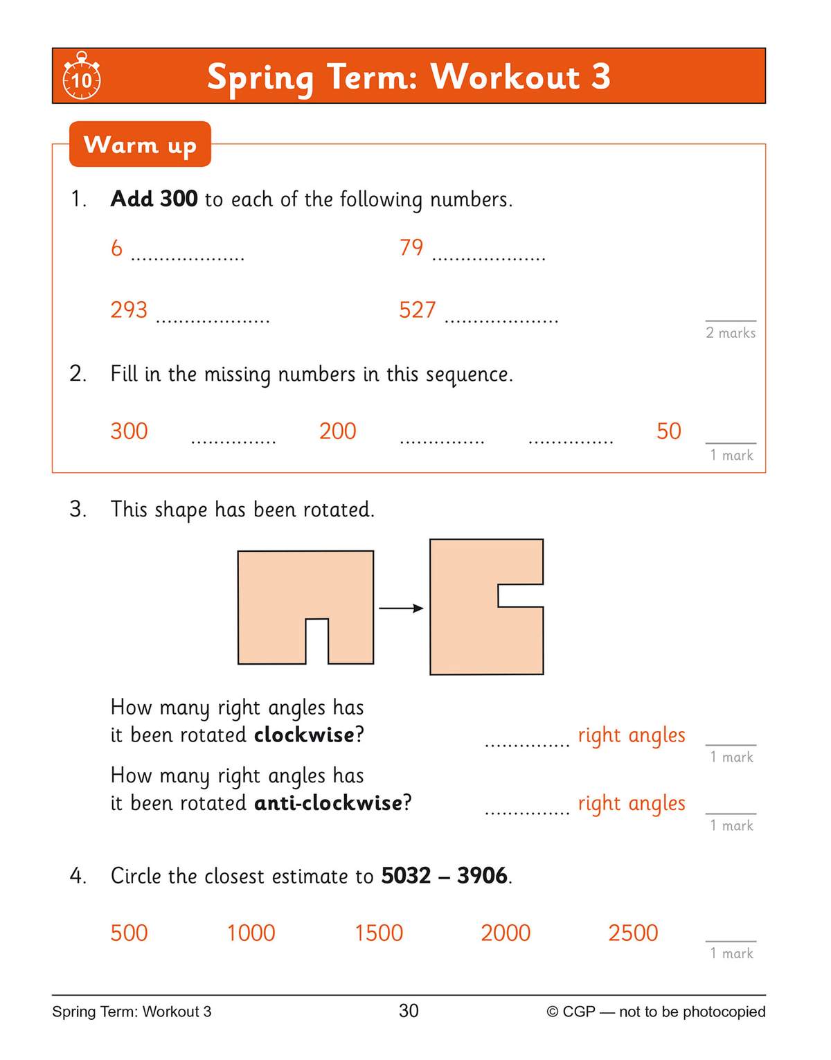 Four quick maths questions on addition, number sequences, rotation and estimation, with space to write answers