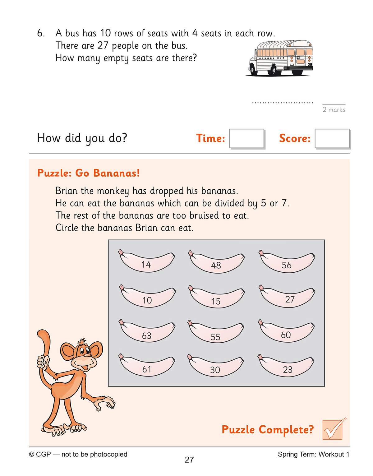 A maths puzzle where children circle bananas with numbers divisible by 5 or 7, practising their times tables