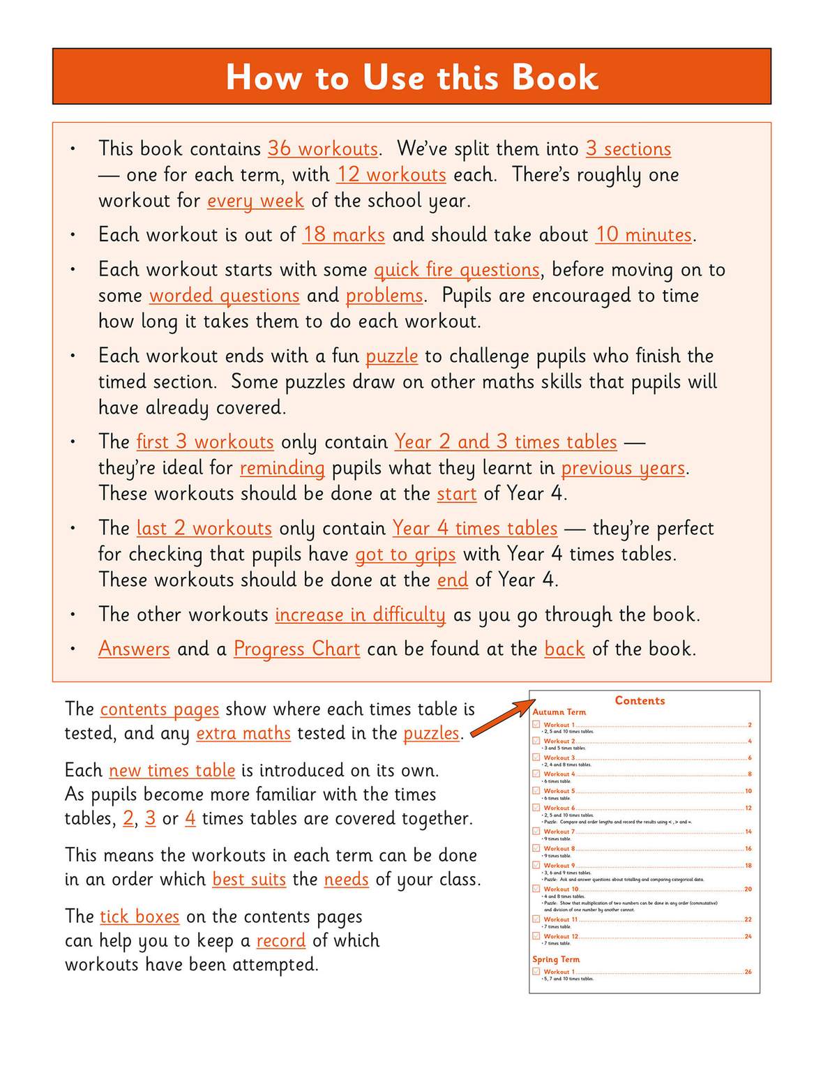 Instructions explain how to use the 36 workouts, including timing, marking and the contents pages