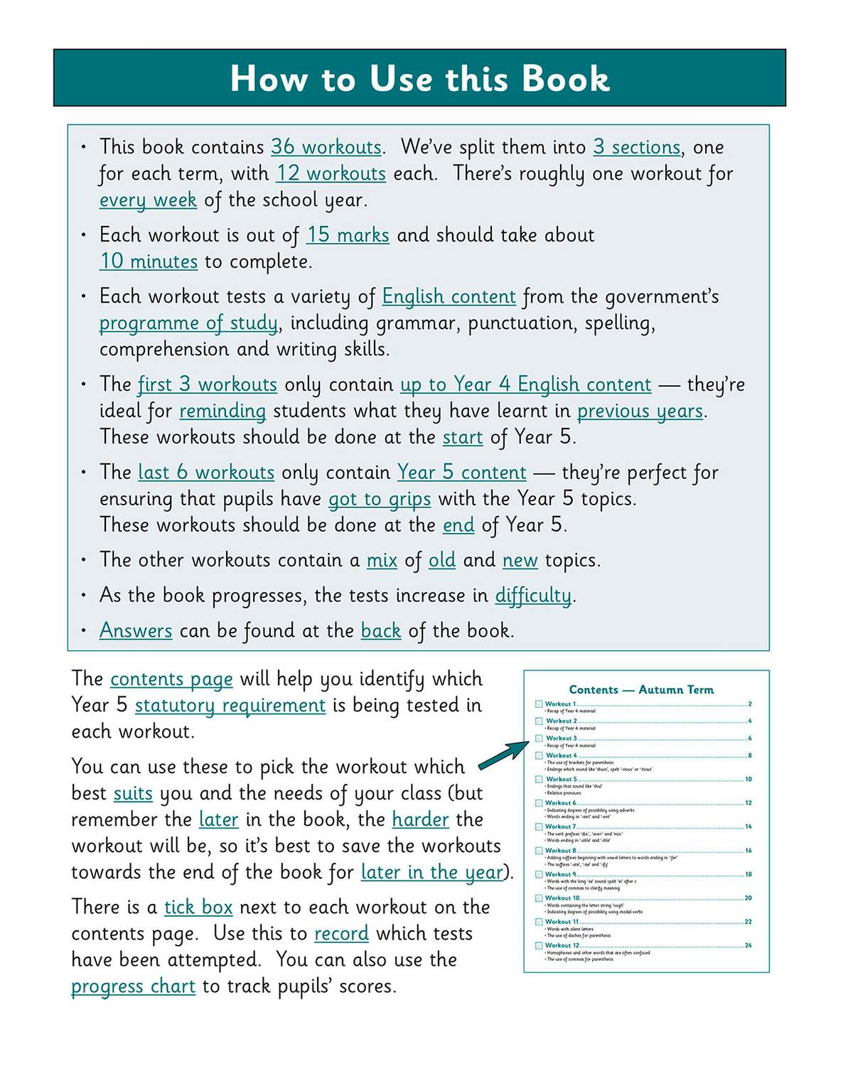 Instructions explain how to use the 36 weekly workouts, track progress with tick boxes, and find answers at the back
