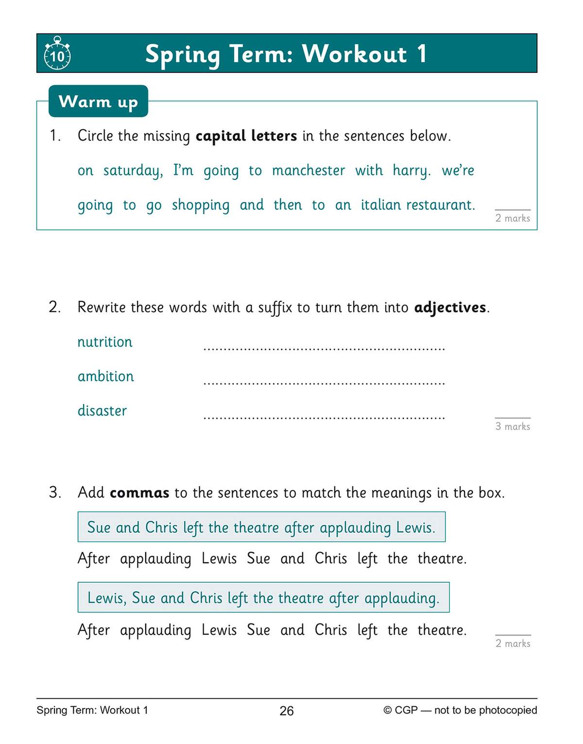 Children circle missing capitals, add suffixes to make adjectives and insert commas to change sentence meaning
