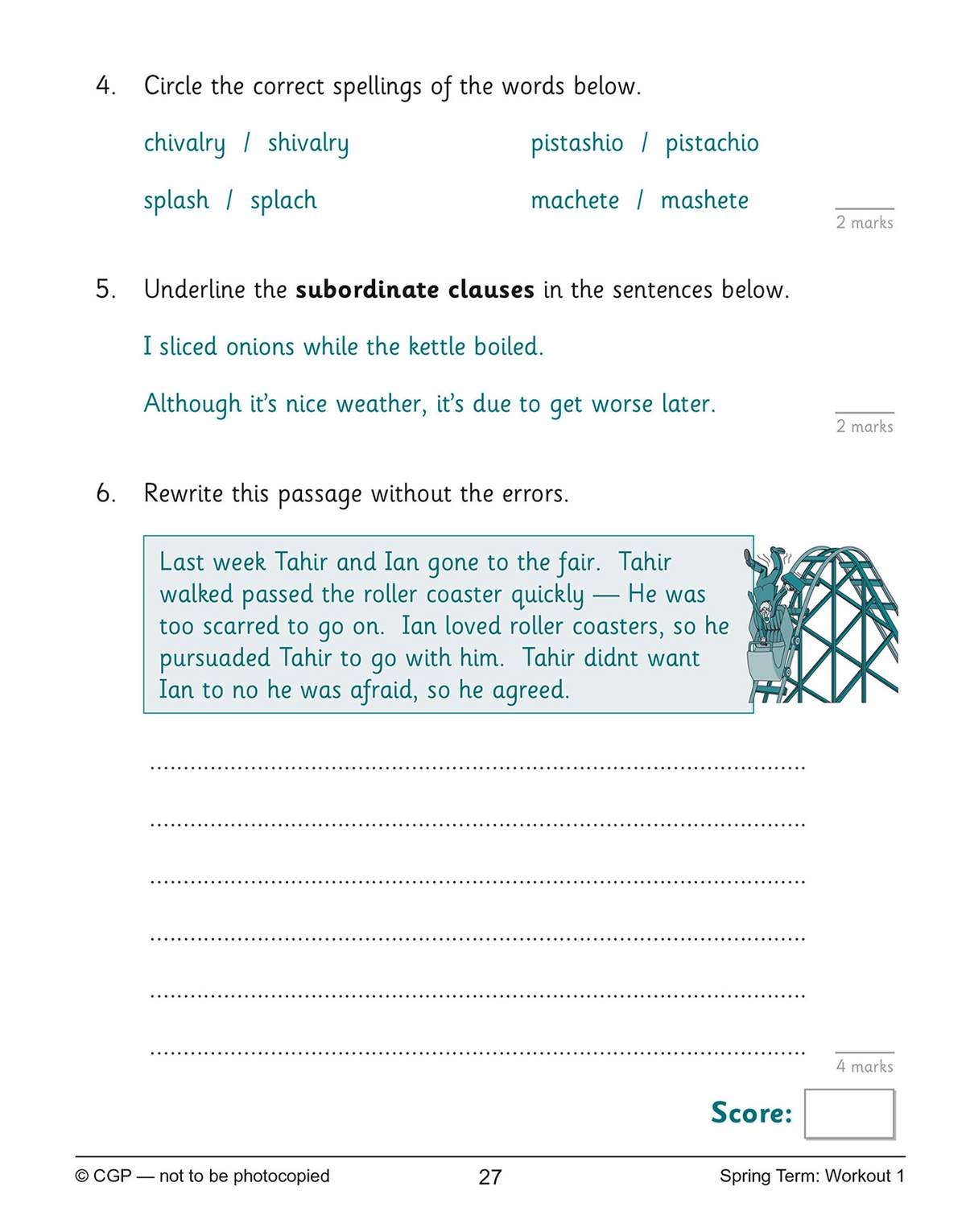 Children circle correct spellings, underline subordinate clauses, and rewrite a paragraph full of errors