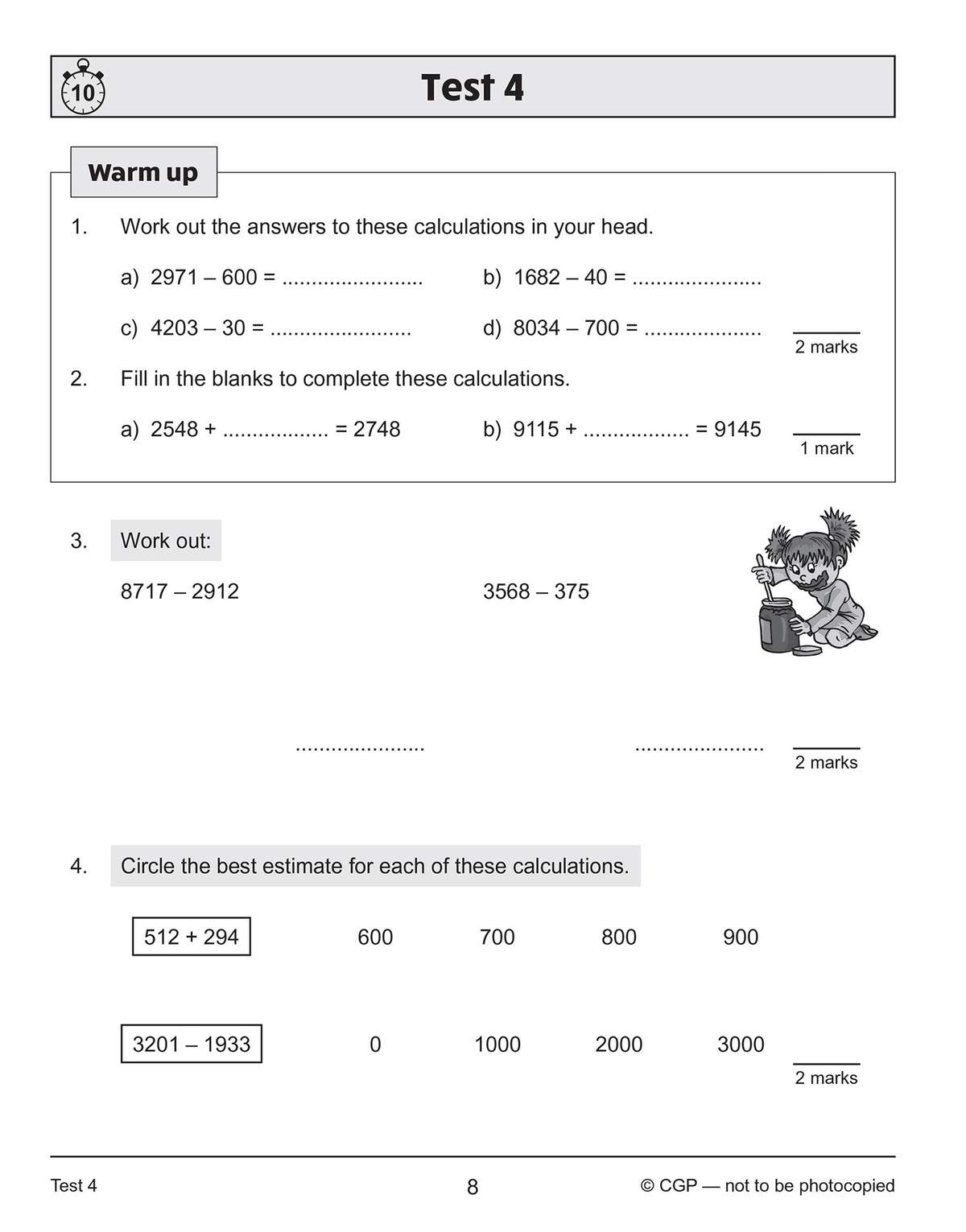 Four calculation tasks including mental maths, fill-in-the-blanks, and circling estimates to build speed and accuracy