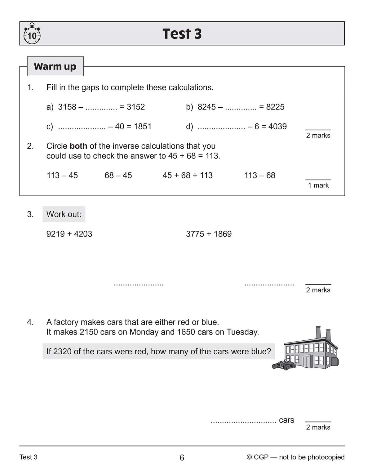 Four questions on subtraction, inverse operations, and adding large numbers, including a word problem about car production