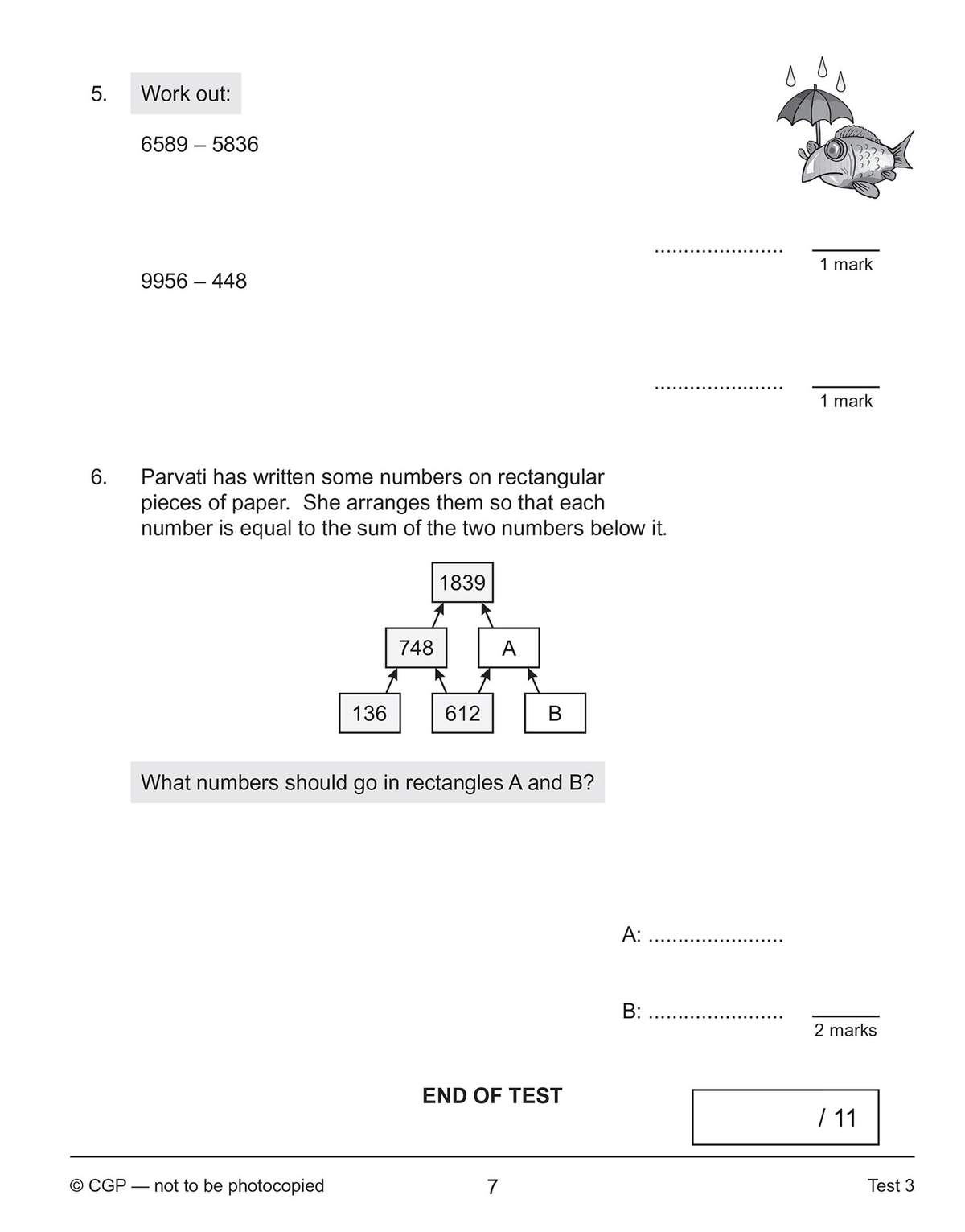 Two subtraction sums and a number pattern puzzle to solve, with space to write answers