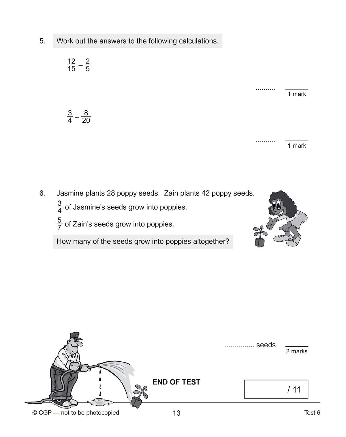 Two maths questions on subtracting fractions, including a word problem about poppy seeds, with space to write answers