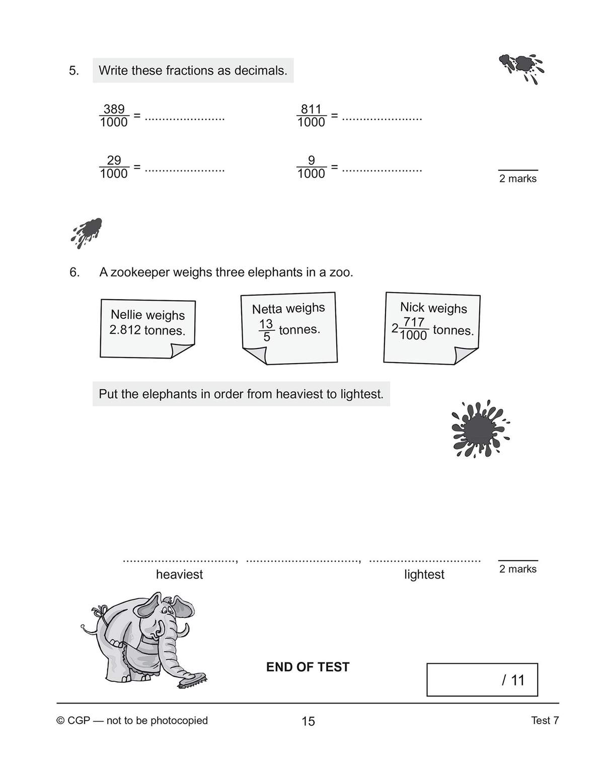 Children convert fractions to decimals and order three elephants by weight using mixed numbers and decimals