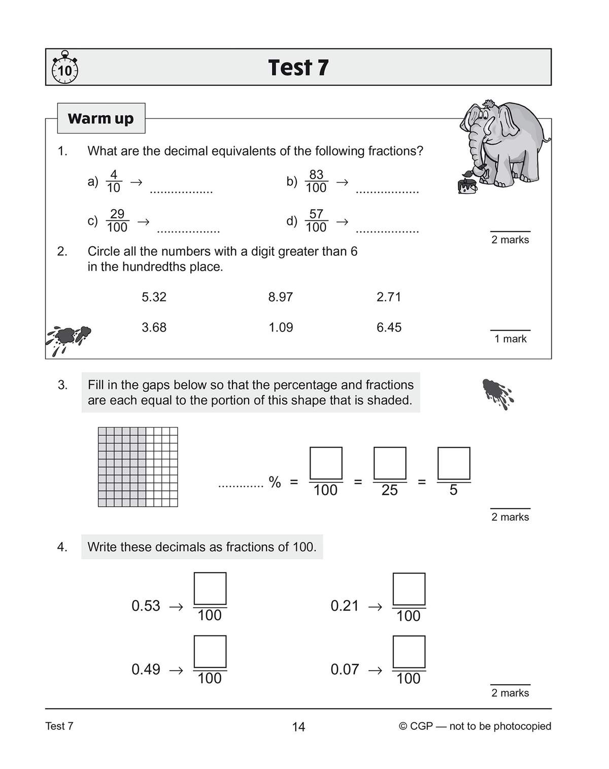 Four questions on converting fractions to decimals, circling numbers, and writing decimals as fractions of 100