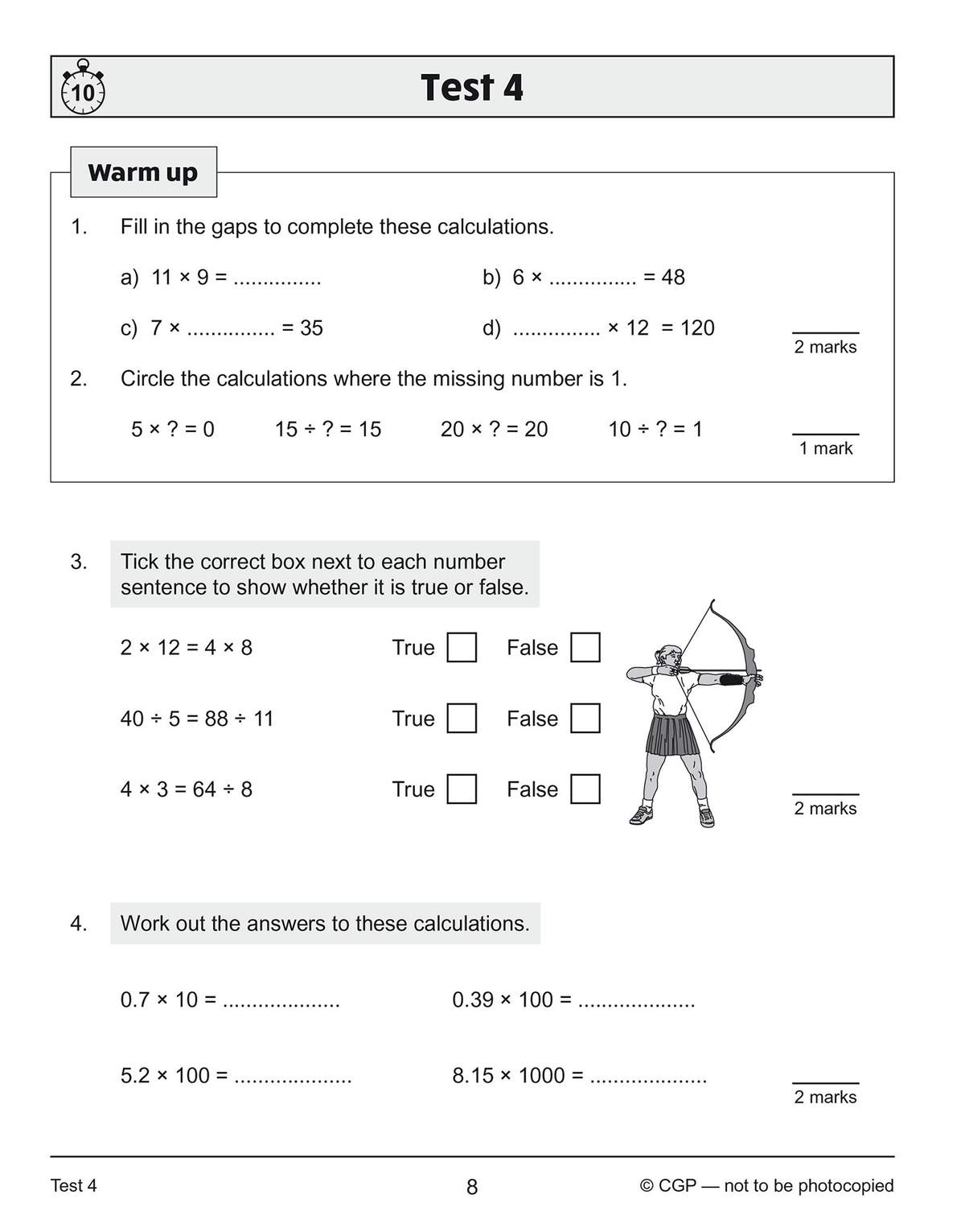 A timed test page with four sections on multiplication and division, including fill-in gaps, circling, true/false