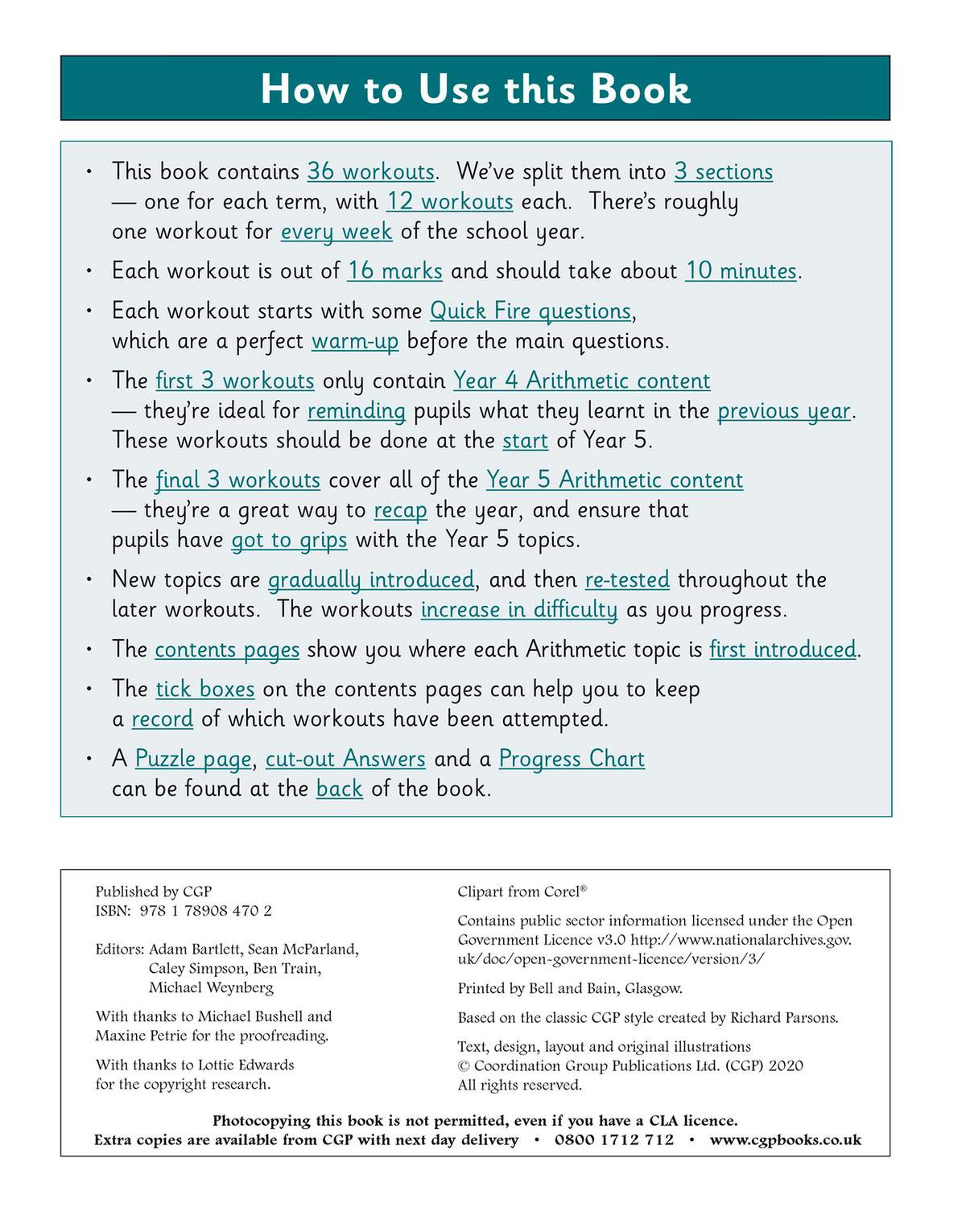 Instructions explain how to use the 36 arithmetic workouts, including timing