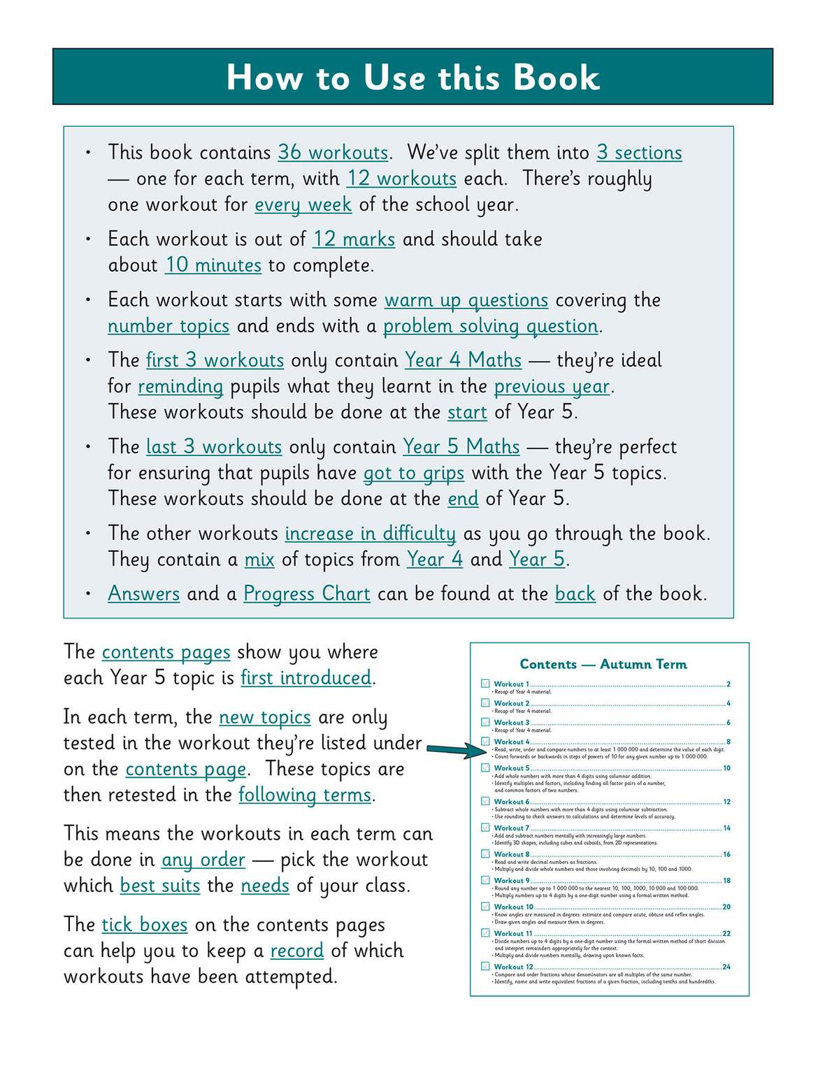Instructions explain how to use the book, including how workouts are split by term and difficulty, and how to track progress