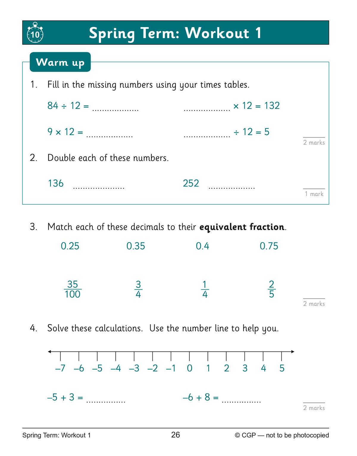 Four short maths tasks on times tables, doubling, decimals, fractions and negative integers, with a number line to help
