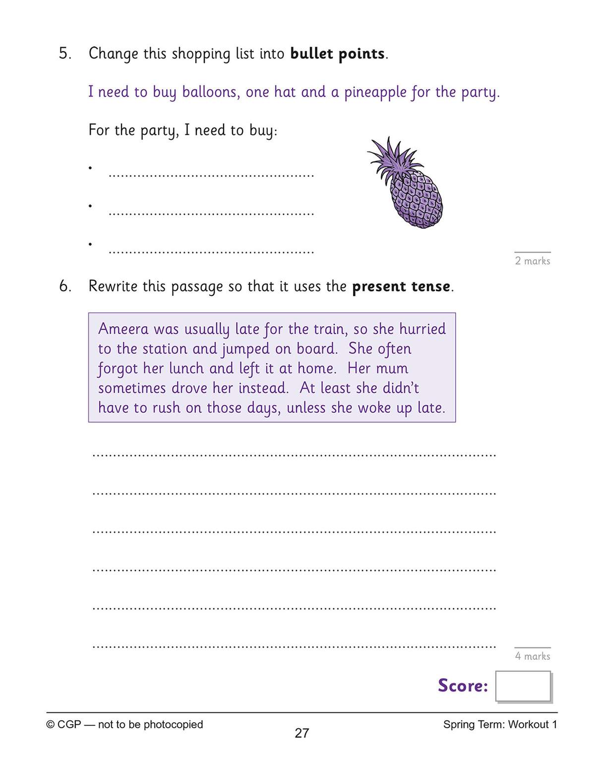 Children rewrite a short story in the present tense and convert a shopping list into bullet points
