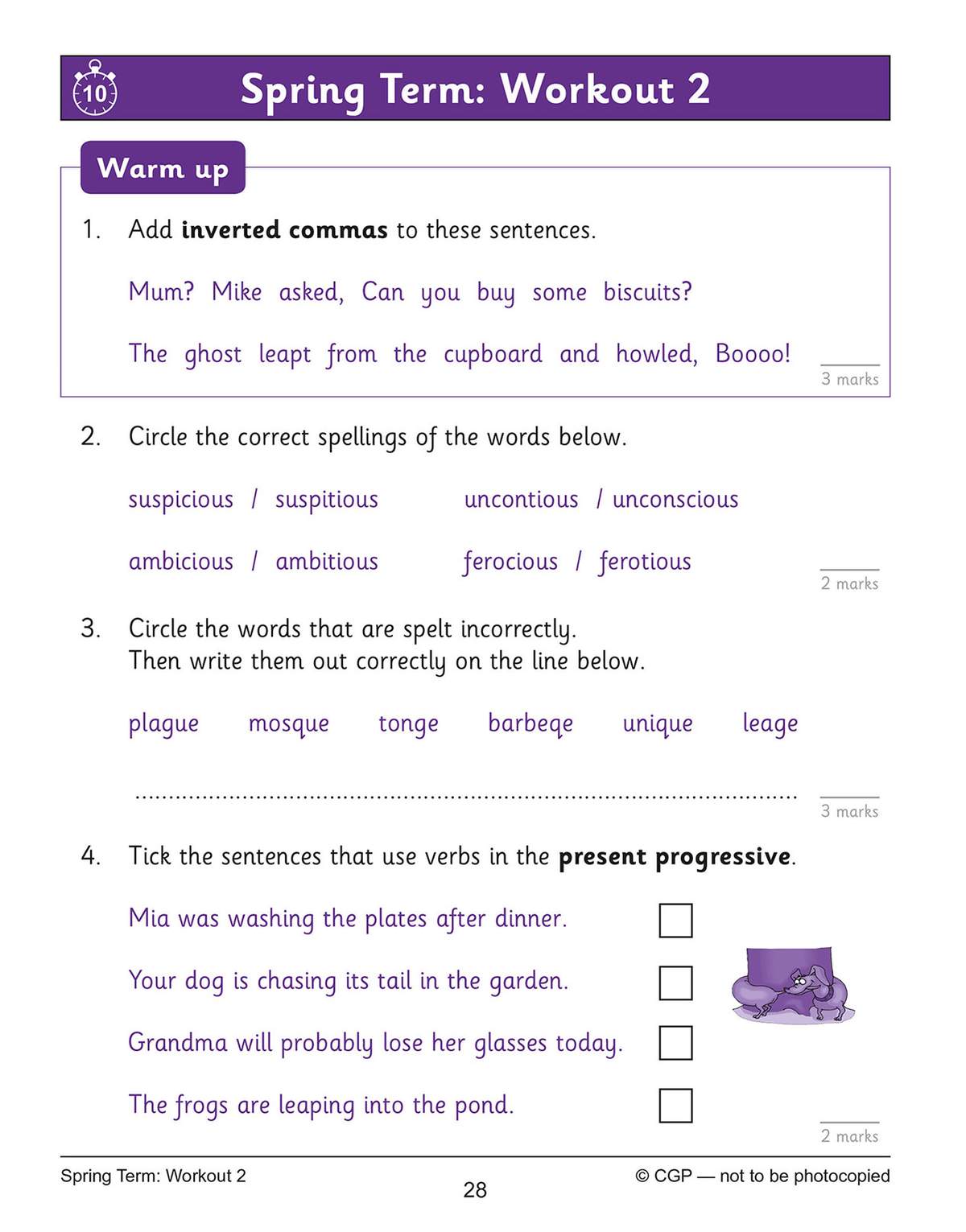 Four short exercises on punctuation, spelling and verb tenses, with a cartoon dog to tick
