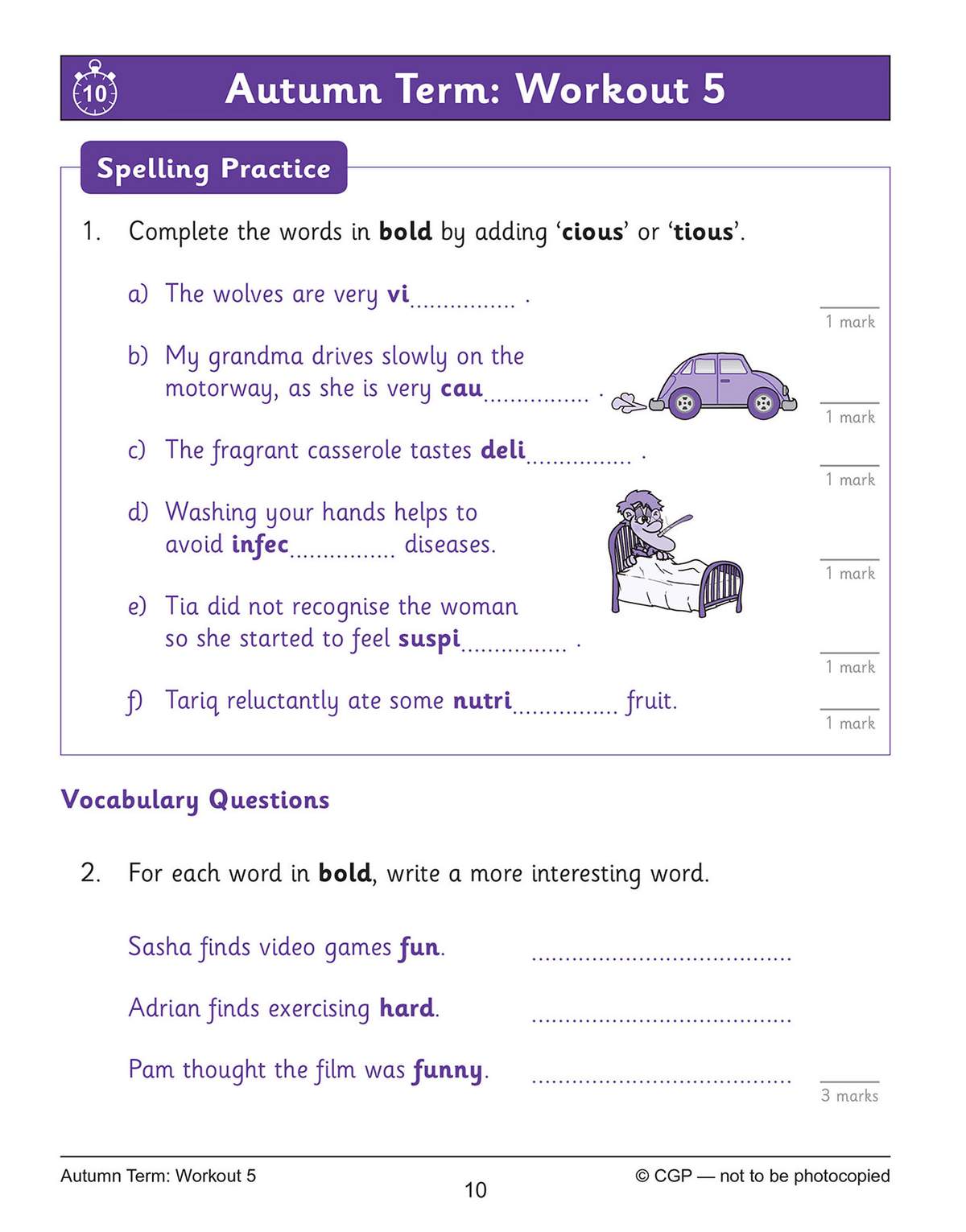 Children complete six spelling sentences by adding -cious or -tious, then write more interesting words for three simple