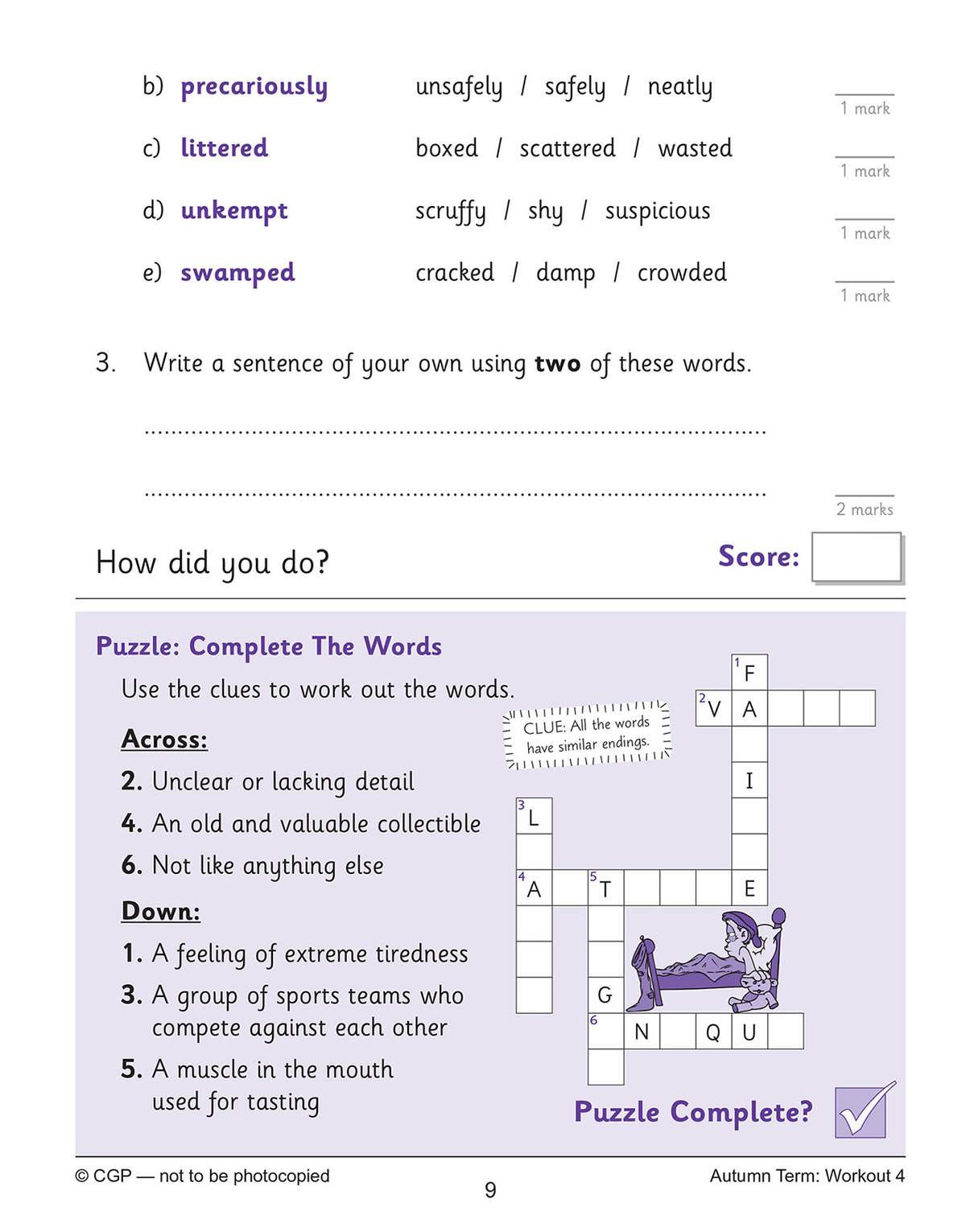 Children match words to definitions, write sentences using them, and solve a crossword-style puzzle with a cartoon
