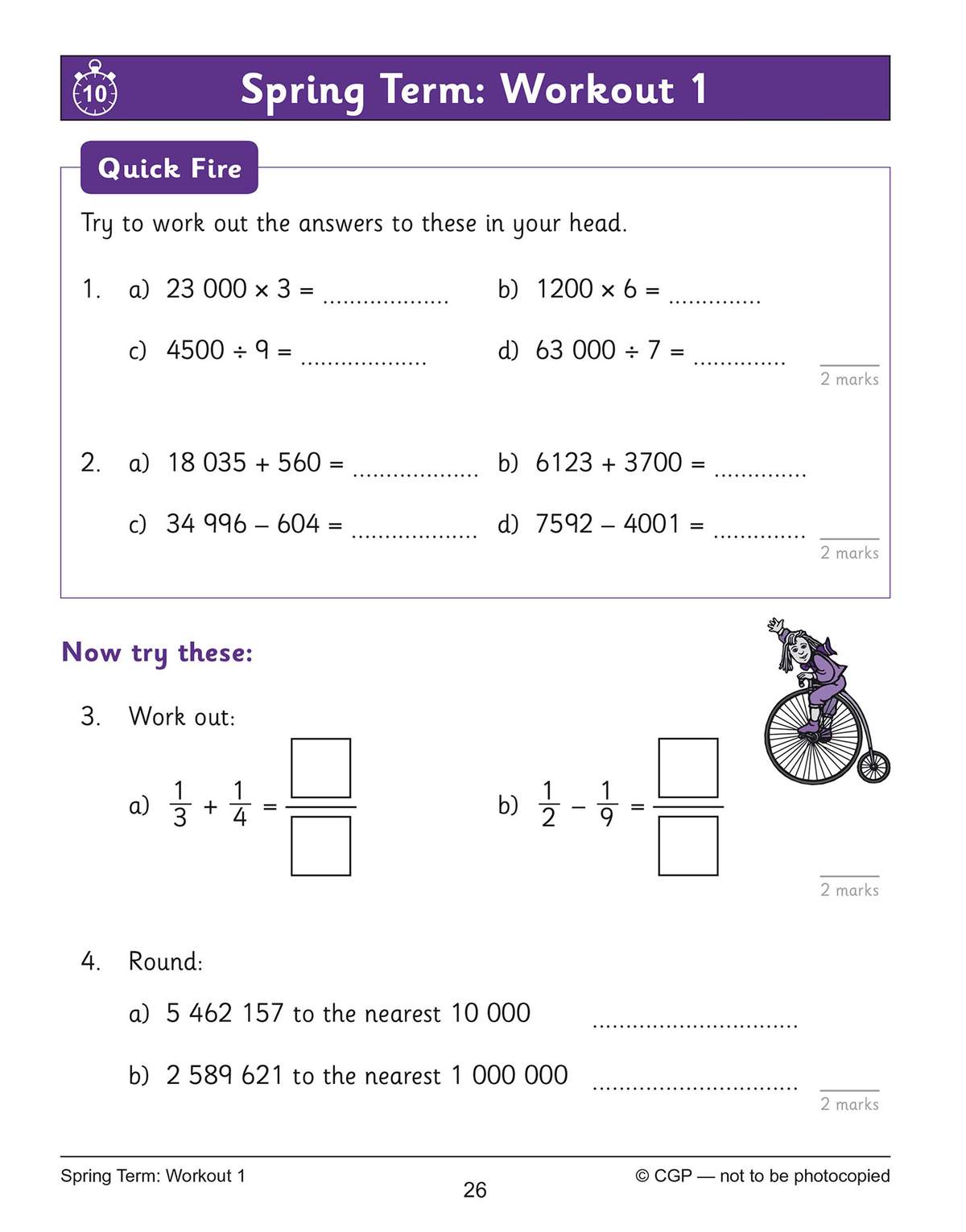 Children solve mental arithmetic, fraction calculations and rounding tasks, with a cartoon girl on a penny-farthing bicycle