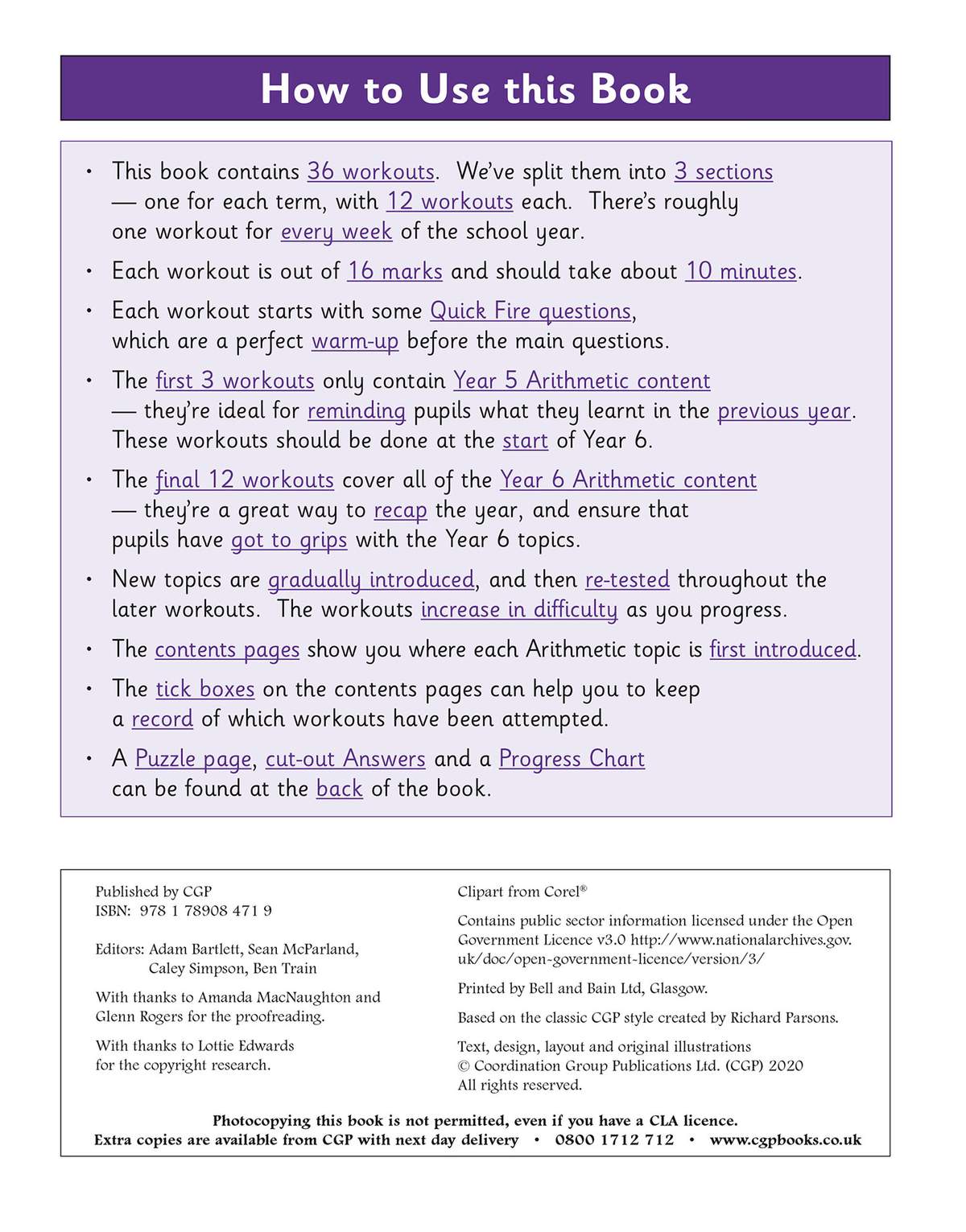 Instructions explain how to use the 36 workouts, including timing, difficulty progression and how to track progress