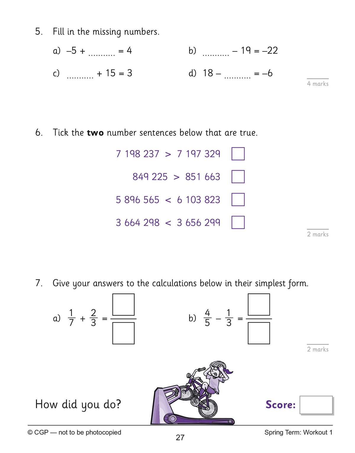 Children complete integer equations, tick true number sentences, and simplify fraction calculations, then score their work