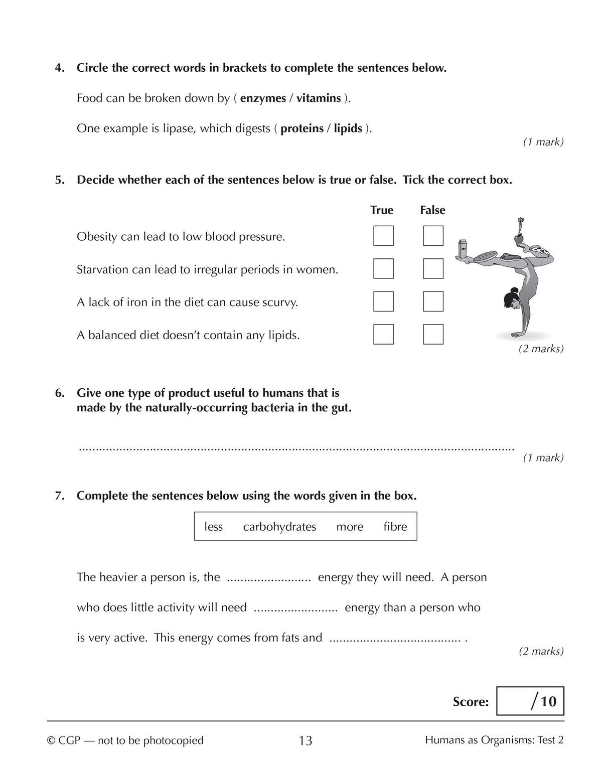 Four short questions on digestion and diet, including circling words, ticking true or false, and filling in blanks