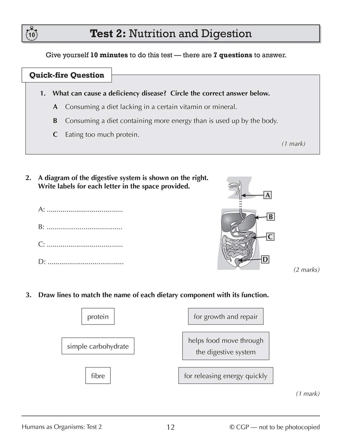 A timed test on nutrition and digestion with multiple choice, labelling, and matching questions