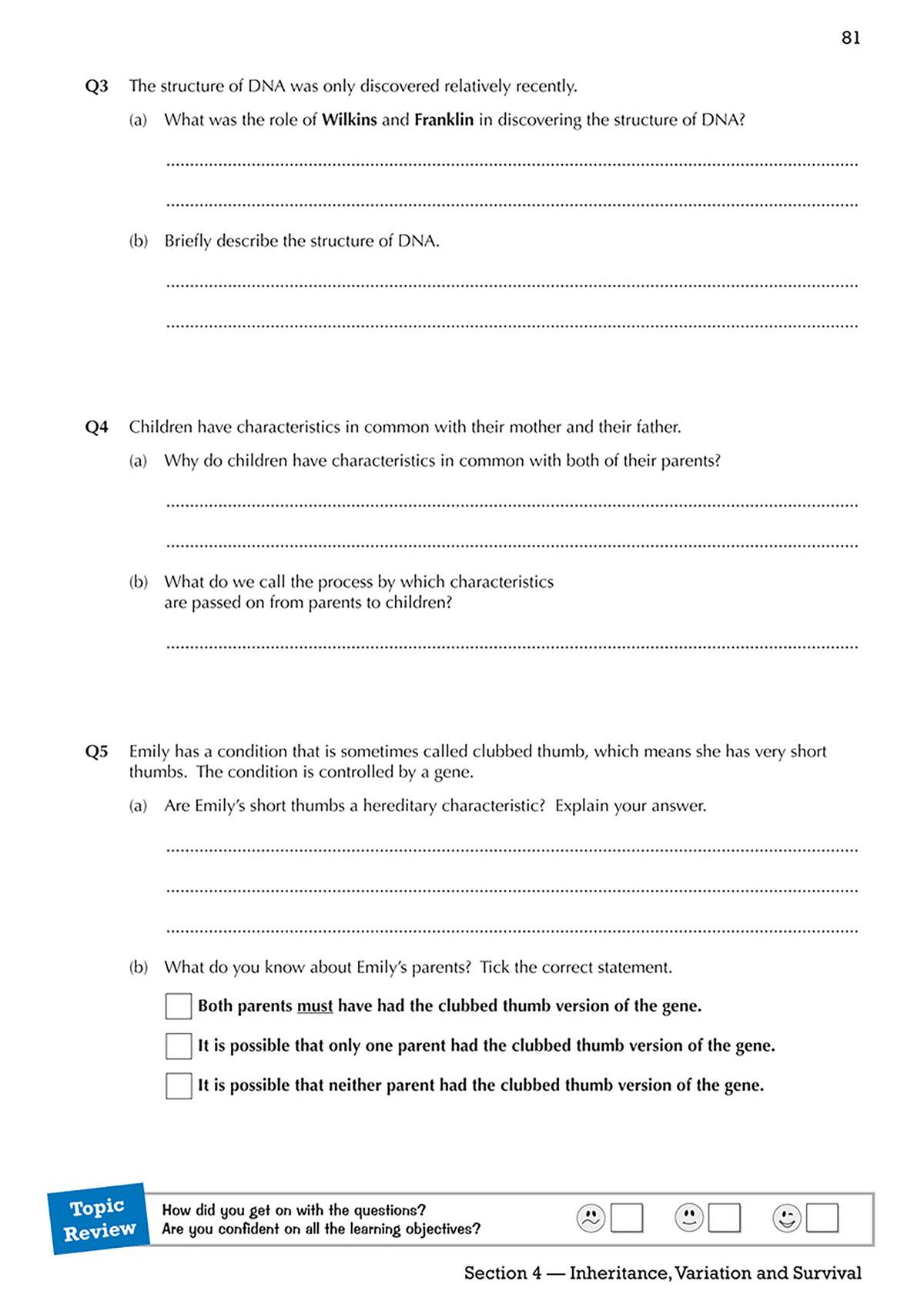 Students answer short questions on DNA and heredity, then tick a box to self-assess their confidence