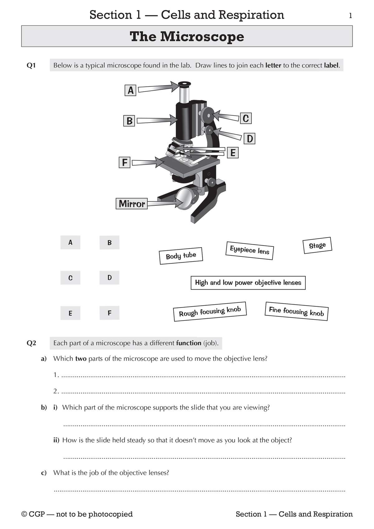 Pupils label a diagram of a microscope and answer short questions about its parts and functions