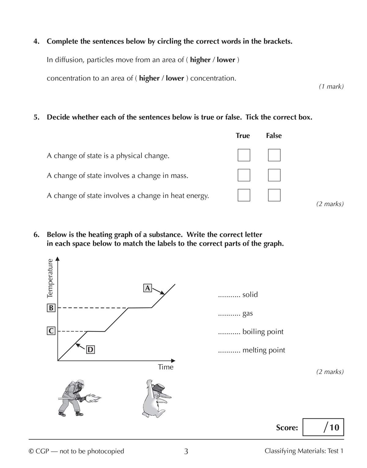 Three questions on diffusion, physical changes, and a heating graph to label parts of a substance's state changes
