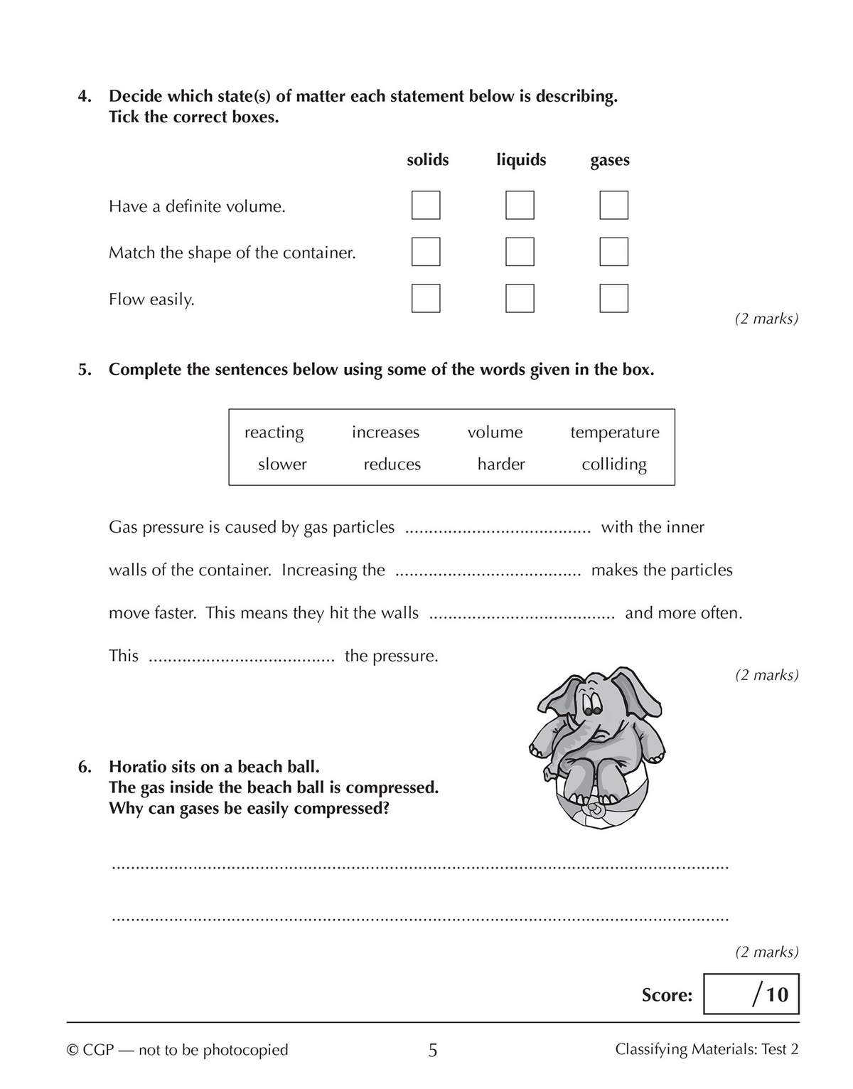 Three questions on states of matter and gas pressure, including tick boxes, sentence completion, and a short written answer