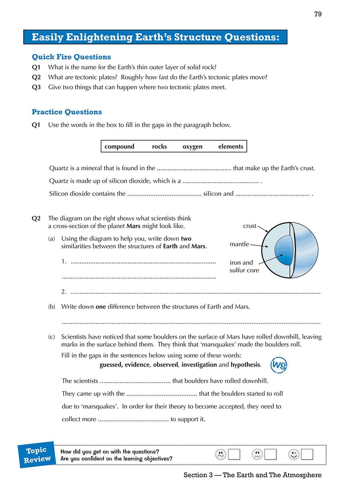 A page of science questions on Earth and Mars structures, including a diagram to compare, fill-in-the-blanks