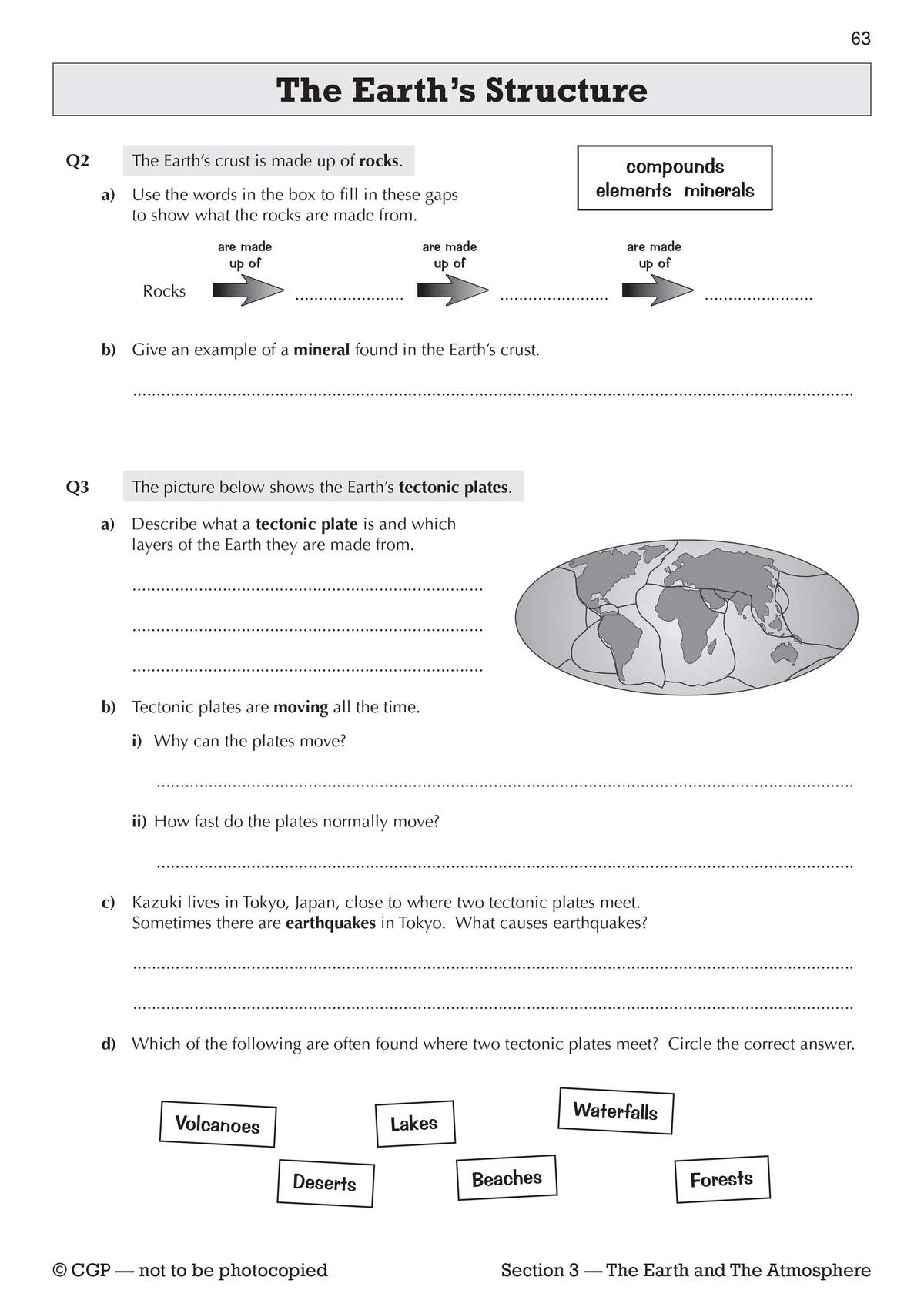 Questions on rocks, minerals and tectonic plates, with a diagram to describe and a multiple-choice task to circle features