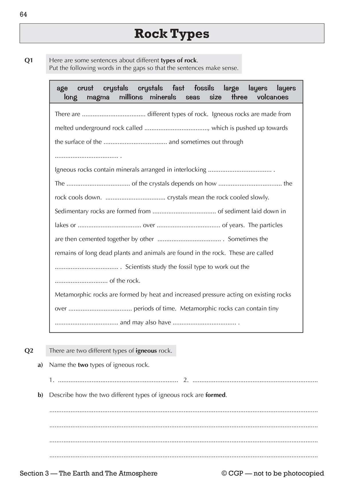 A fill-in-the-blanks exercise on rock types, followed by short written answers on igneous rocks