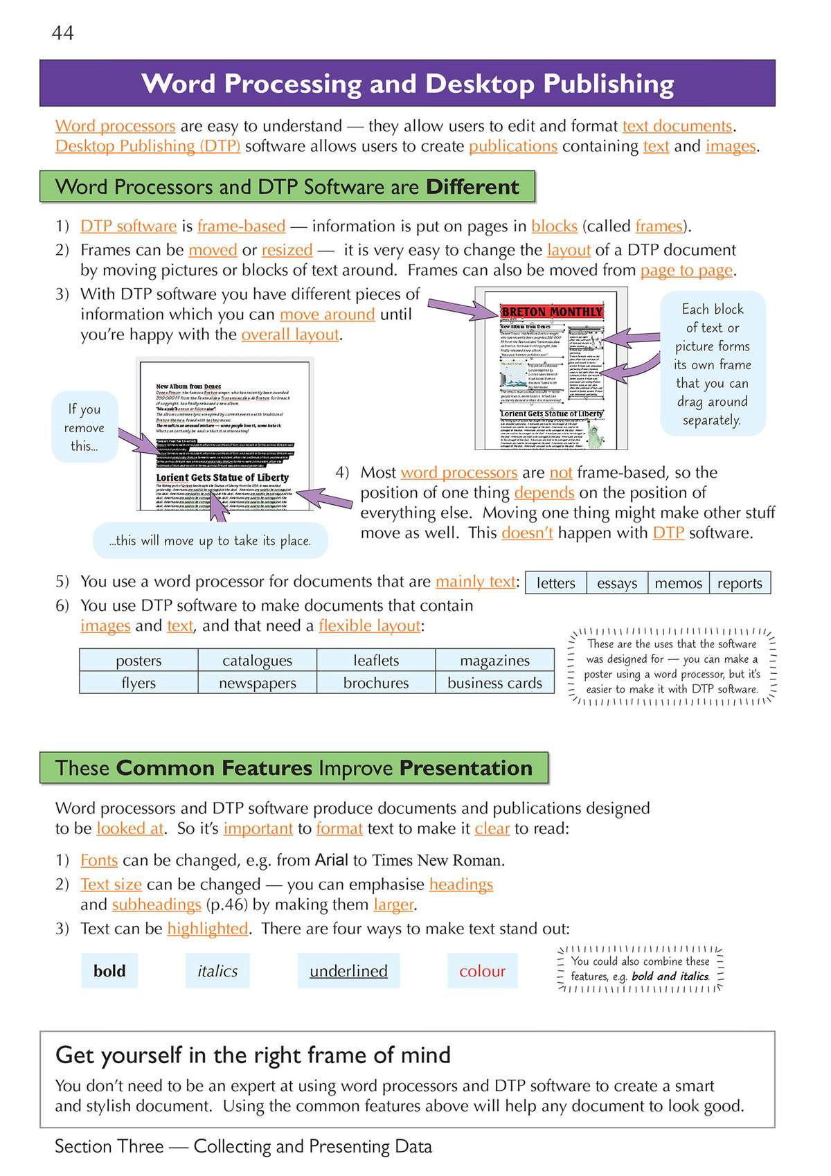 Clear notes explain the differences between word processors and DTP software, using diagrams to show how frames work
