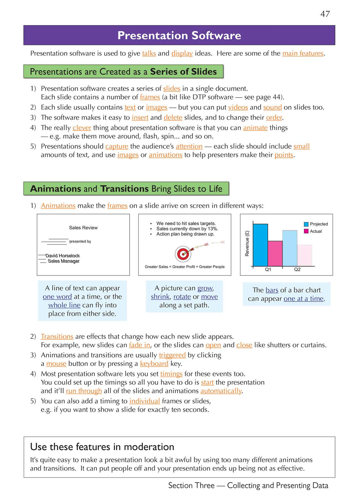 Clear notes on presentation software features, with diagrams showing slide animations and a bar chart example