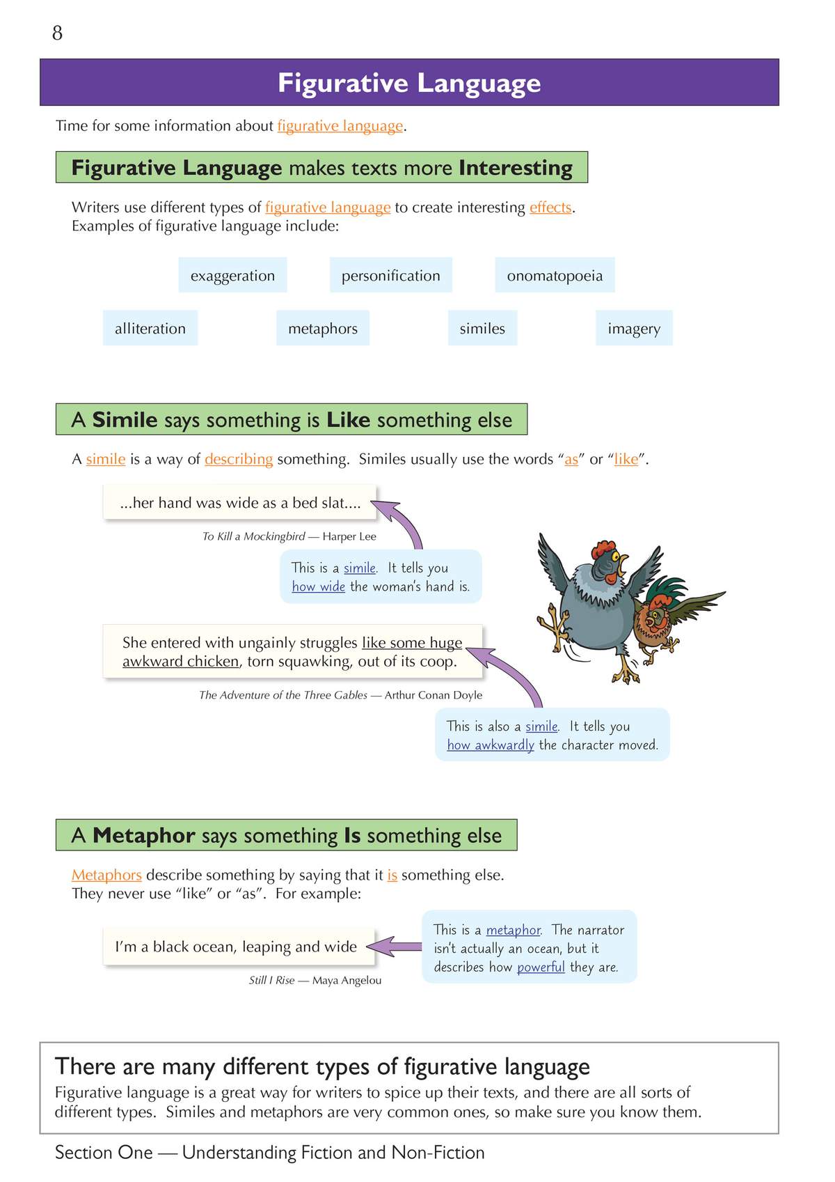 Clear notes on simile and metaphor with examples from books and cartoon chickens to illustrate the difference
