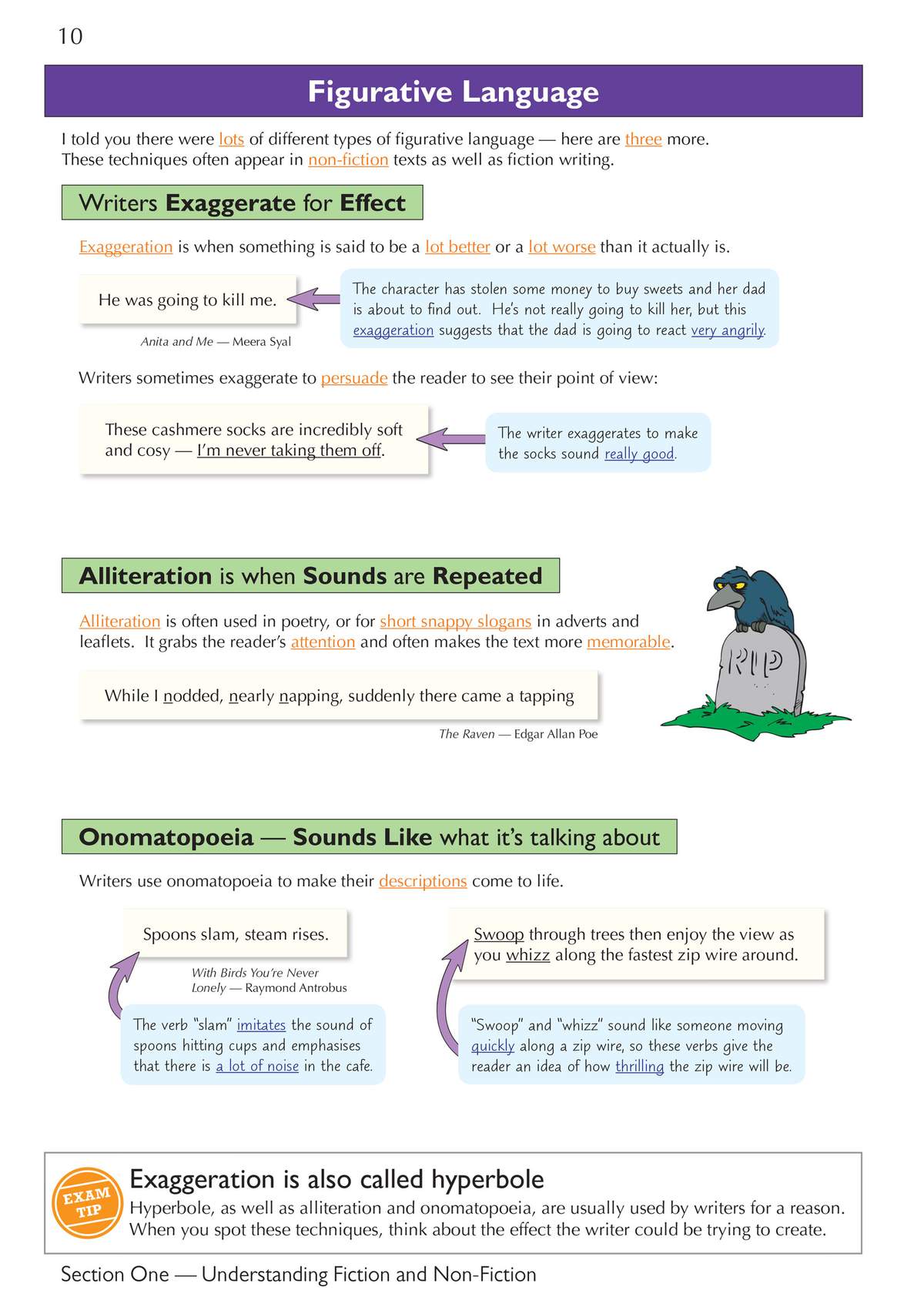 Clear notes on exaggeration, alliteration and onomatopoeia, with examples and a cartoon raven to illustrate the concepts