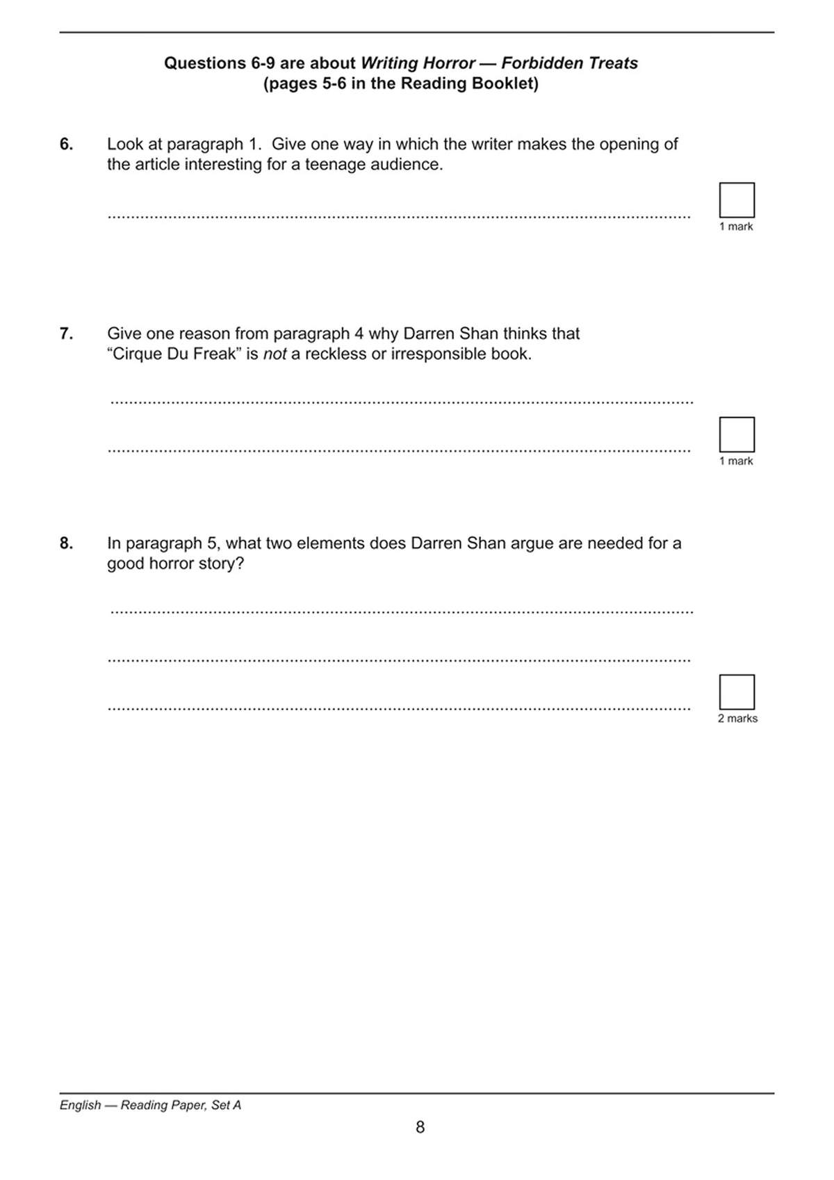 Three short-answer questions on a horror writing article, asking students to identify techniques