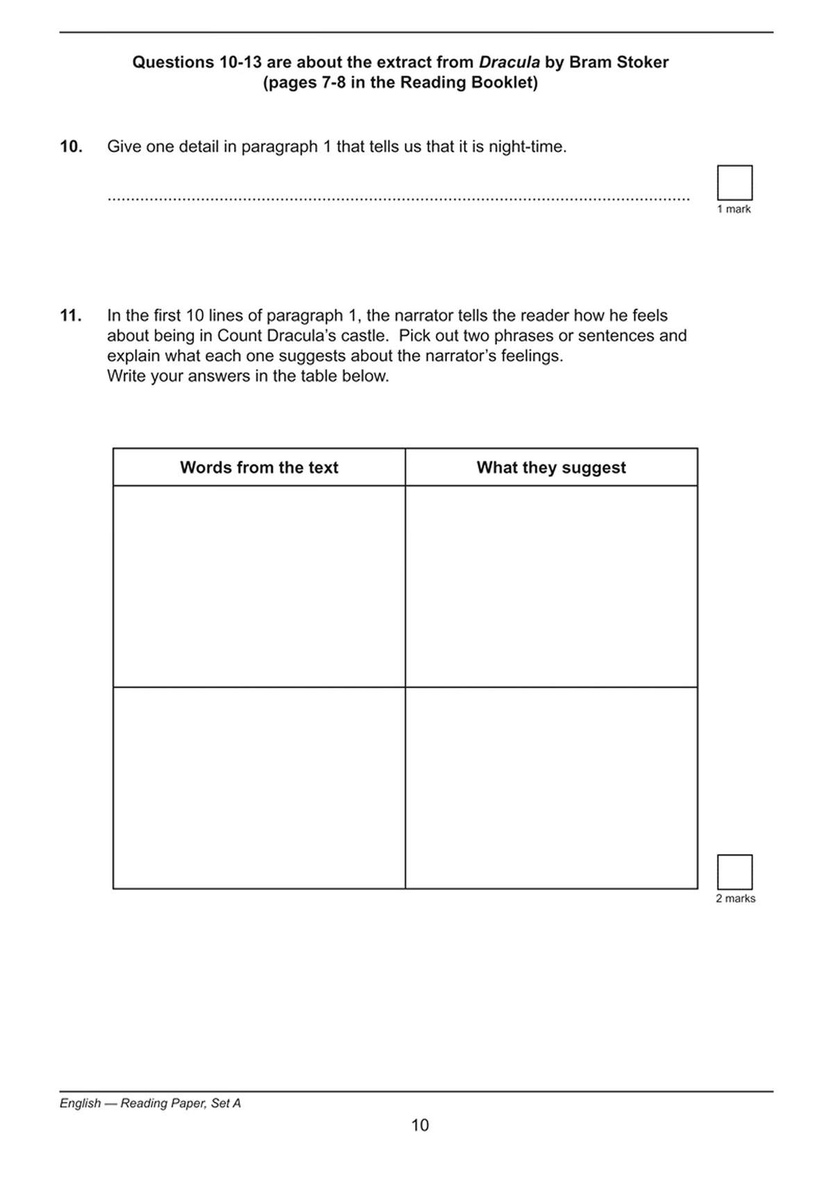 Two questions on Dracula asking for a detail about night-time and an analysis of the narrator's feelings in a table